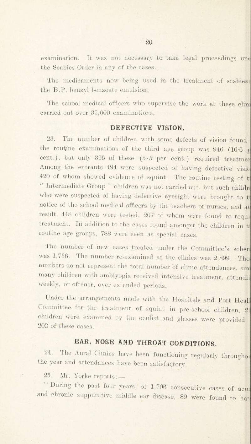 examination. It was not necessary to take legal proceedings uni the Scabies Order in anv of the cases. The medicaments now being used in the treatment of scabies the B.P. benzyl benzoate emulsion. The school medical officers who supervise the work at these clin carried out over 35,000 examinations. DEFECTIVE VISION, 23. The number of children with some defects of vision found the routine examinations of the third age group was 946 (16-6 j cent.), but only 316 of these (5-5 per cent.) required treatmei Among the entrants 494 were suspected of having defective visic 420 of whom showed evidence of squint. The routine testing of t “ Intermediate Group ” children was not carried out, but such childr who were suspected of having defective eyesight were brought to t notice of the school medical officers by the teachers or nurses, and as result, 448 children were tested, 207' of whom were found to requ treatment. In addition to the cases found amongst the children in t routine age groups, 788 were seen as special cases. The number of new cases treated under the Committee’s scheri was 1,736. The number re-examined at the clinics was 2,899. The numbers do not represent the total number of clinic attendances, sin many children with amblyopia received intensive treatment, attend! weekly, or oftener, over extended periods. Under the arrangements made with the Hospitals and Port Heal Committee for the treatment of squint in pre-school children, 2 children were examined by the oculist and glasses were provided 202 of these cases. EAR, NOSE AND THROAT CONDITIONS, 24. The Aural Clinics have been functioning regularly througho the year and attendances have been satisfactory. 25. Mr. Yorke reports: — “ During the Past years, of 1,706 consecutive eases of acu and chronic suppurative middle ear disease, 89 were found to ha'