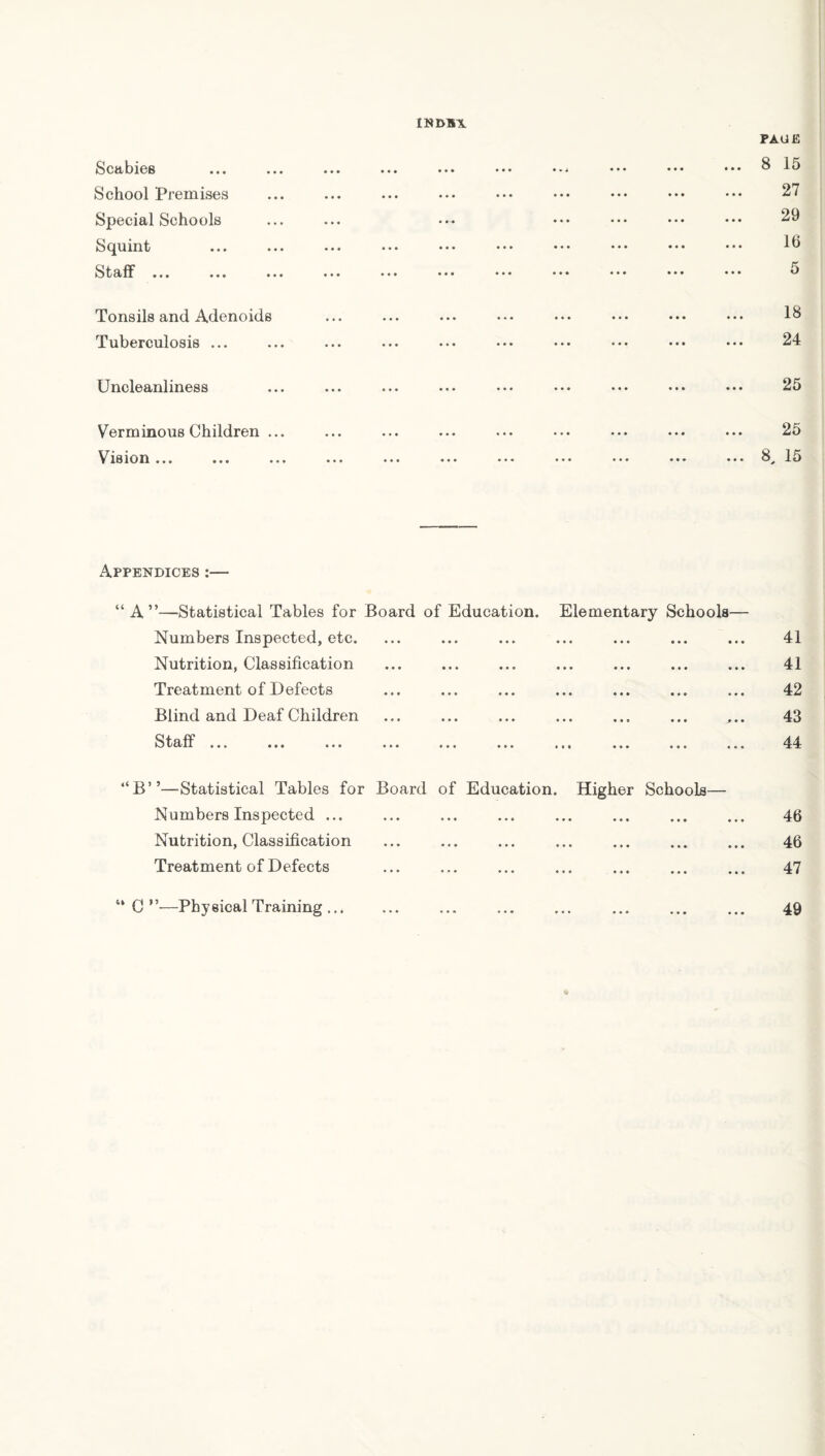 IN DUX Scabies School Premises Special Schools Squint Staff .«. ... PAGE .. 8 15 27 29 16 .. 5 Tonsils and Adenoids Tuberculosis ... 18 24 Uncleanliness 25 Verminous Children ... Vision ... 25 .. 8, 15 Appendices :— “A”—Statistical Tables for Board of Education. Elementary Schools— Numbers Inspected, etc. Nutrition, Classification Treatment of Defects Blind and Deaf Children Staff ... ... ... ... ... ... ... . 41 41 42 43 44 “B”—Statistical Tables for Board of Education Numbers Inspected ... Nutrition, Classification Treatment of Defects Higher Schools— 46 46 47 “ C ”—Physical Training ... 49