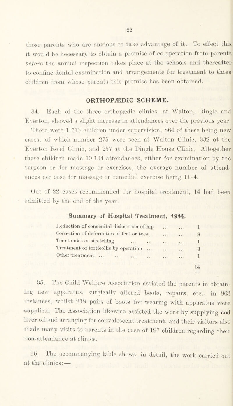 those parents who are anxious to take advantage of it. To effect this it would be necessary to obtain a promise of co-operation from parents before the annual inspection takes place at the schools and thereafter to confine dental examination and arrangements for treatment to those children from whose parents this promise has been obtained. ORTHOPAEDIC SCHEME. 34. Each of the three orthopaedic clinics, at Walton, Dingle and Everton, showed a slight increase in attendances over the previous year. There were 1,713 children under supervision, 864 of these being new cases, of which number 275 were seen at Walton Clinic, 332 at the Everton Road Clinic, and 257 at the Dingle House Clinic. Altogether these children made 10,134 attendances, either for examination by the surgeon or for massage or exercises, the average number of attend¬ ances per case for massage or remedial exercise being 11-4. Out of 22 cases recommended for hospital treatment, 14 had been admitted by the end of the year. Summary of Hospital Treatment, 1944. Reduction of congenital dislocation of hip ... ... 1 Correction of deformities of feet or toes . 8 Tenotomies or stretching ... ... ... ... l Treatment of torticollis by operation ... ... ... 3 Other treatment. 1 14 35. The Child Welfare Association assisted the parents in obtain¬ ing new apparatus, surgically altered boots, repairs, etc., in 863 instances, wTrilst 218 pairs of boots for wearing with apparatus were supplied. The Association likewise assisted the work by supplying cod liver oil and arranging for convalescent treatment, and their visitors also made many visits to parents in the case of 197 children regarding their non-attendance at clinics. 36. The accompanying table shews, in detail, the work carried out at the clinics: —