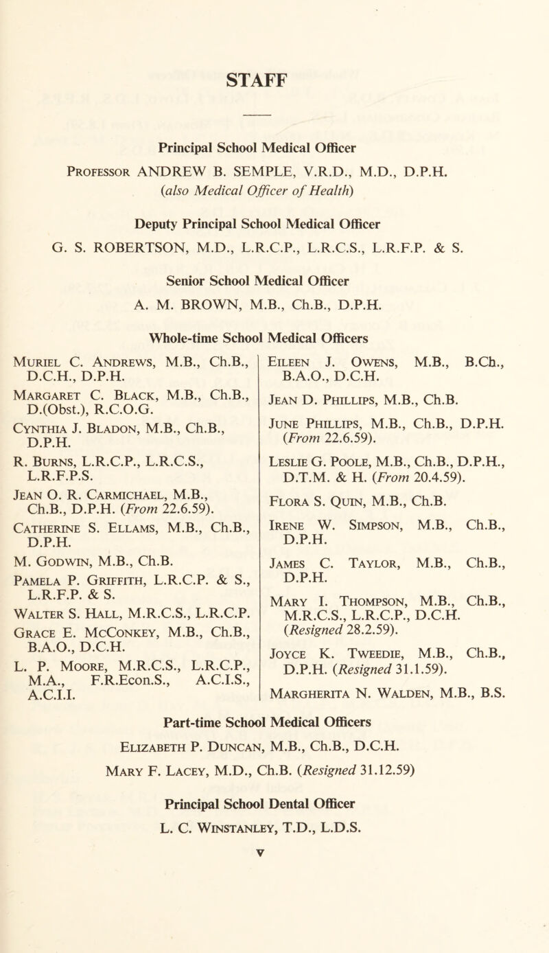 STAFF Principal School Medical Officer Professor ANDREW B. SEMPLE, V.R.D., M.D., D.P.H. (also Medical Officer of Health) Deputy Principal School Medical Officer G. S. ROBERTSON, M.D., L.R.C.P., L.R.C.S., L.R.F.P. & S. Senior School Medical Officer A. M. BROWN, M.B., Ch.B., D.P.H. Whole-time School Medical Officers Muriel C. Andrews, M.B., Ch.B., D.C.H., D.P.H. Margaret C. Black, M.B., Ch.B., D.(Obst.), R.C.O.G. Cynthia J. Bladon, M.B., Ch.B., D.P.H. R. Burns, L.R.C.P., L.R.C.S., L.R.F.P.S. Jean O. R. Carmichael, M.B., Ch.B., D.P.H. (From 22.6.59). Catherine S. Ellams, M.B., Ch.B., D.P.H. M. Godwin, M.B., Ch.B. Pamela P. Griffith, L.R.C.P. & S., Eileen J. Owens, M.B., B.Ch., B.A.O., D.C.H. Jean D. Phillips, M.B., Ch.B. June Phillips, M.B., Ch.B., D.P.H. (From 22.6.59). Leslie G. Poole, M.B., Ch.B., D.P.H., D.T.M. & H. (From 20.4.59). Flora S. Quin, M.B., Ch.B. Irene W. Simpson, M.B., Ch.B., D.P.H. James C. Taylor, M.B., Ch.B., D.P.H. L. R.F.P. & S. Walter S. Hall, M.R.C.S., L.R.C.P. Grace E. McConkey, M.B., Ch.B., B.A.O., D.C.H. L. P. Moore, M.R.C.S., L.R.C.P., M. A., F.R.Econ.S., A.C.I.S., A.C.I.I. Mary I. Thompson, M.B., Ch.B., M.R.C.S., L.R.C.P., D.C.H. (Resigned 28.2.59). Joyce K. Tweedie, M.B., Ch.B., D.P.H. (Resigned 31.1.59). Margherita N. Walden, M.B., B.S. Part-time School Medical Officers Elizabeth P. Duncan, M.B., Ch.B., D.C.H. Mary F. Lacey, M.D., Ch.B. (Resigned 31.12.59) Principal School Dental Officer L. C. Winstanley, T.D., L.D.S. y