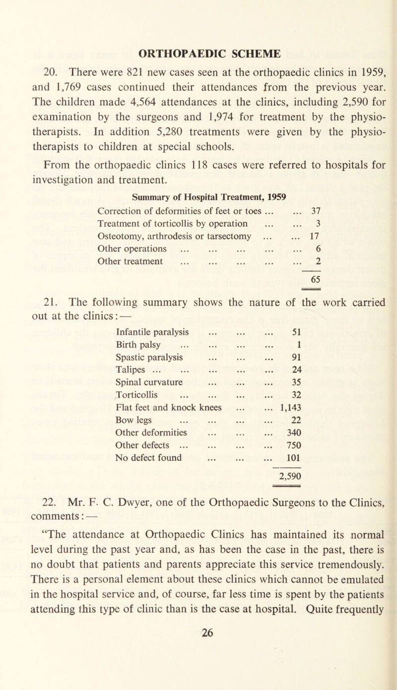 ORTHOPAEDIC SCHEME 20. There were 821 new cases seen at the orthopaedic clinics in 1959, and 1,769 cases continued their attendances from the previous year. The children made 4,564 attendances at the clinics, including 2,590 for examination by the surgeons and 1,974 for treatment by the physio¬ therapists. In addition 5,280 treatments were given by the physio¬ therapists to children at special schools. From the orthopaedic clinics 118 cases were referred to hospitals for investigation and treatment. Summary of Hospital Treatment, 1959 Correction of deformities of feet or toes. 37 Treatment of torticollis by operation . 3 Osteotomy, arthrodesis or tarsectomy . 17 Other operations . 6 Other treatment . 2 65 21. The following summary shows the nature of the work carried out at the clinics: — Infantile paralysis • • • • • • 51 Birth palsy • • • • • • 1 Spastic paralysis ... 91 Talipes. ... 24 Spinal curvature ... 35 Torticollis ... ... 32 Flat feet and knock knees ... 1,143 Bow legs ... 22 Other deformities ... ... ... 340 Other defects ... • • • • • • ... 750 No defect found . . . • • • ... 101 2,590 22. Mr. F. C. Dwyer, one of the Orthopaedic Surgeons to the Clinics, comments: — “The attendance at Orthopaedic Clinics has maintained its normal level during the past year and, as has been the case in the past, there is no doubt that patients and parents appreciate this service tremendously. There is a personal element about these clinics which cannot be emulated in the hospital service and, of course, far less time is spent by the patients attending this type of clinic than is the case at hospital. Quite frequently