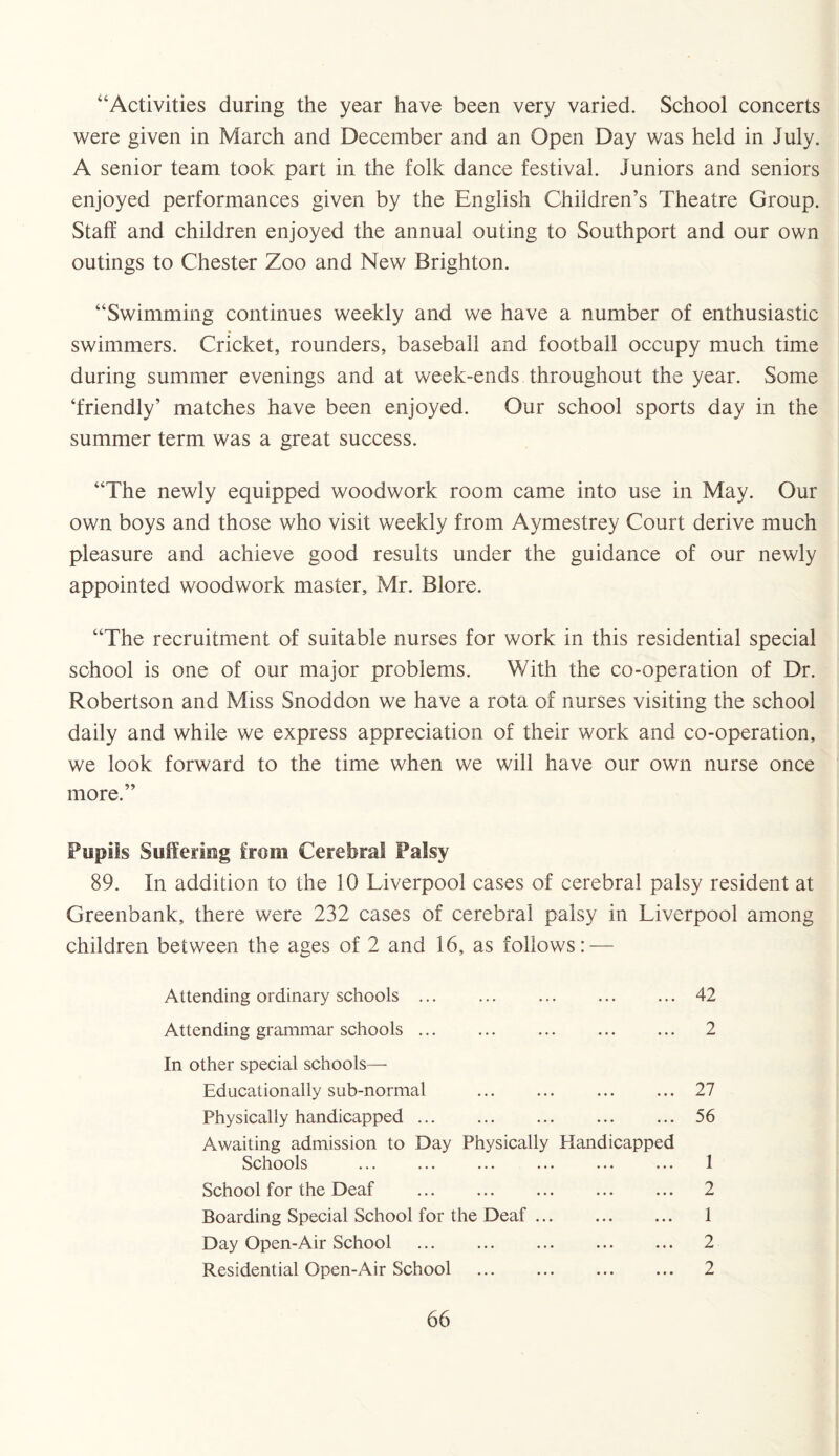 “Activities during the year have been very varied. School concerts were given in March and December and an Open Day was held in July. A senior team took part in the folk dance festival. Juniors and seniors enjoyed performances given by the English Children’s Theatre Group. Staff and children enjoyed the annual outing to Southport and our own outings to Chester Zoo and New Brighton. “Swimming continues weekly and we have a number of enthusiastic swimmers. Cricket, rounders, baseball and football occupy much time during summer evenings and at week-ends throughout the year. Some ‘friendly’ matches have been enjoyed. Our school sports day in the summer term was a great success. “The newly equipped woodwork room came into use in May. Our own boys and those who visit weekly from Aymestrey Court derive much pleasure and achieve good results under the guidance of our newly appointed woodwork master, Mr. Blore. “The recruitment of suitable nurses for work in this residential special school is one of our major problems. With the co-operation of Dr. Robertson and Miss Snoddon we have a rota of nurses visiting the school daily and while we express appreciation of their work and co-operation, we look forward to the time when we will have our own nurse once more.” Pupils Suffering from Cerebral Palsy 89. In addition to the 10 Liverpool cases of cerebral palsy resident at Greenbank, there were 232 cases of cerebral palsy in Liverpool among children between the ages of 2 and 16, as follows: — Attending ordinary schools ... Attending grammar schools ... In other special schools— 42 2 Educationally sub-normal Physically handicapped ... Awaiting admission to Day Physically Handicapped 27 56 Schools School for the Deaf Boarding Special School for the Deaf ... Day Open-Air School . Residential Open-Air School 1 2 2 2