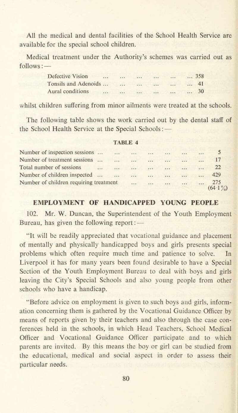 All the medical and dental facilities of the School Health Service are available for the special school children. Medical treatment under the Authority’s schemes was carried out as follows: — Defective Vision ... ... ... ... ... ... 358 Tonsils and Adenoids.41 Aural conditions .30 whilst children suffering from minor ailments were treated at the schools. The following table shows the work carried out by the dental staff of the School Health Service at the Special Schools: — TABLE 4 Number of inspection sessions. Number of treatment sessions. Total number of sessions . Number of children inspected. Number of children requiring treatment 5 17 22 429 275 (64 1%) EMPLOYMENT OF HANDICAPPED YOUNG PEOPLE 102. Mr. W. Duncan, the Superintendent of the Youth Employment Bureau, has given the following report: — “It will be readily appreciated that vocational guidance and placement of mentally and physically handicapped boys and girls presents special problems which often require much time and patience to solve. In Liverpool it has for many years been found desirable to have a Special Section of the Youth Employment Bureau to deal with boys and girls leaving the City’s Special Schools and also young people from other schools who have a handicap. “Before advice on employment is given to such boys and girls, inform¬ ation concerning them is gathered by the Vocational Guidance Officer by means of reports given by their teachers and also through the case con¬ ferences held in the schools, in which Head Teachers, School Medical Officer and Vocational Guidance Officer participate and to which parents are invited. By this means the boy or girl can be studied from the educational, medical and social aspect in order to assess their particular needs.