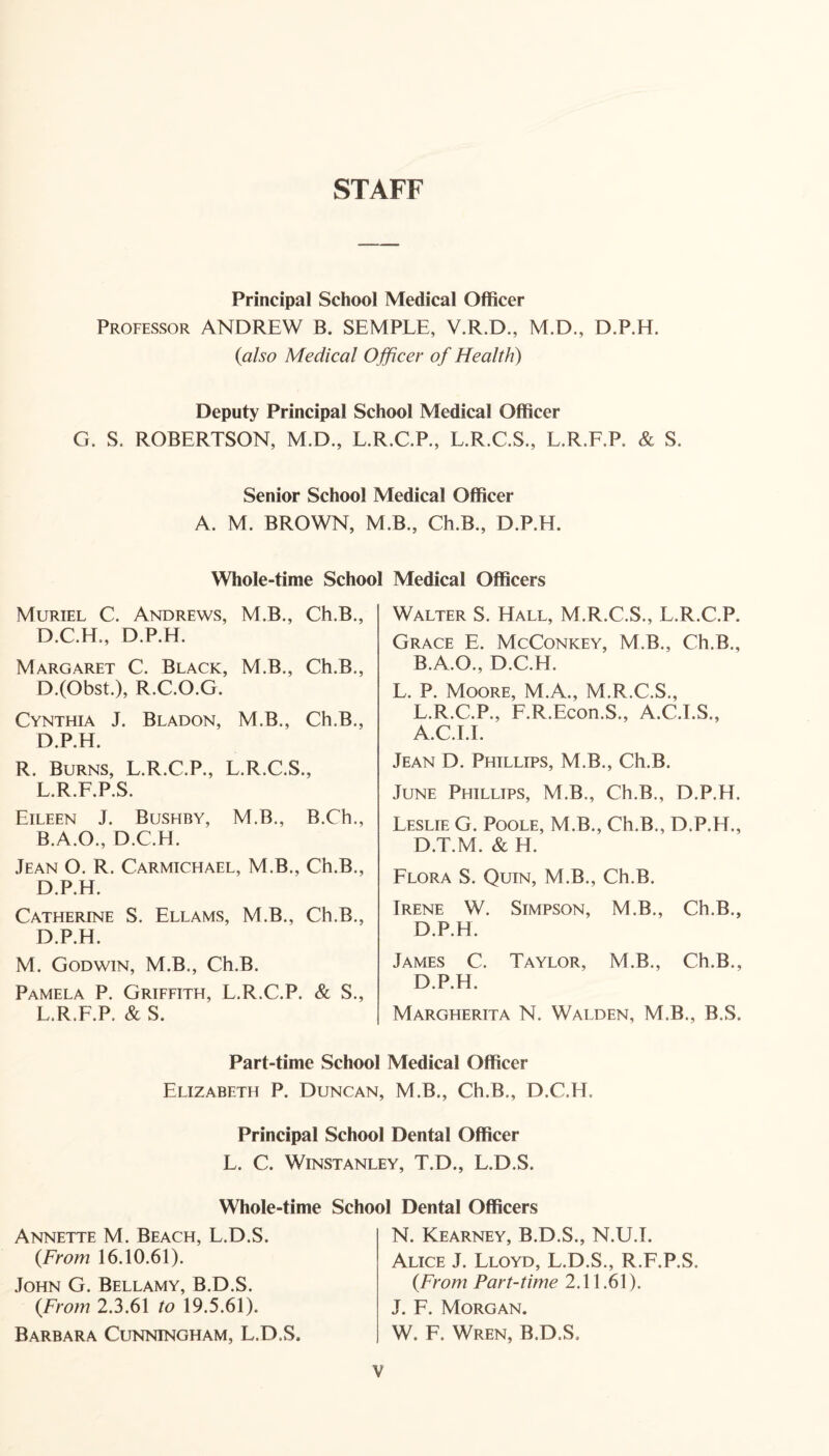 STAFF Principal School Medical Officer Professor ANDREW B. SEMPLE, V.R.D., M.D., D.P.H. (also Medical Officer of Health) Deputy Principal School Medical Officer G. S. ROBERTSON, M.D., L.R.C.P., L.R.C.S., L.R.F.P. & S. Senior School Medical Officer A. M. BROWN, M.B., Ch.B., D.P.H. Whole-time School Medical Officers Muriel C. Andrews, M.B., Ch.B., D.C.H., D.P.H. Margaret C. Black, M.B., Ch.B., D.(Obst.), R.C.O.G. Cynthia J. Bladon, M.B., Ch.B., D.P.H. R. Burns, L.R.C.P., L.R.C.S., L.R.F.P.S. Eileen J. Bushby, M.B., B.Ch., B.A.O., D.C.H. Jean O. R. Carmichael, M.B., Ch.B., D.P.H. Catherine S. Ellams, M.B., Ch.B., D.P.H. M. Godwin, M.B., Ch.B. Pamela P. Griffith, L.R.C.P. & S., L.R.F.P. & S. Walter S. Hall, M.R.C.S., L.R.C.P. Grace E. McConkey, M.B., Ch.B., B.A.O., D.C.H. L. P. Moore, M.A., M.R.C.S., L.R.C.P., F.R.Econ.S,, A.C.I.S., A.C.I.I. Jean D. Phillips, M.B., Ch.B. June Phillips, M.B., Ch.B., D.P.H. Leslie G. Poole, M.B., Ch.B., D.P.H., D.T.M. & H. Flora S. Quin, M.B., Ch.B. Irene W. Simpson, M.B., Ch.B., D.P.H. James C. Taylor, M.B., Ch.B., D.P.H. Margherita N. Walden, M.B., B.S. Part-time School Medical Officer Elizabetfi P. Duncan, M.B., Ch.B., D.C.H. Principal School Dental Officer L. C. Winstanley, T.D., L.D.S. Whole-time School Dental Officers Annette M. Beach, L.D.S. (From 16.10.61). John G. Bellamy, B.D.S. (From 2.3.61 to 19.5.61). Barbara Cunningham, L.D.S. N. Kearney, B.D.S., N.U.I. Alice J. Lloyd, L.D.S., R.F.P.S. (From Part-time 2.11.61). J. F. Morgan. W. F. Wren, B.D.S.