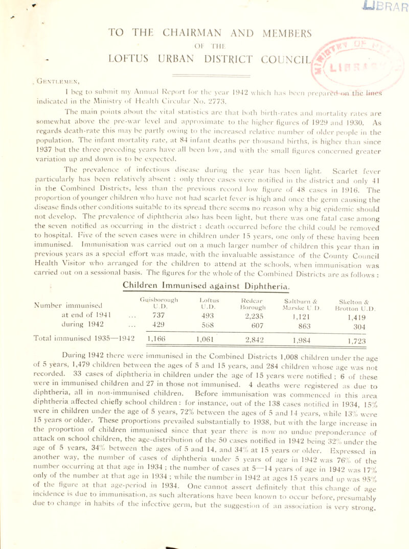 TO THI-: CHAIRMAN ANT) MHMHHRS ()i mi LOhTTJS URBAN DISTRICT COUNCIL _ (sTi <5: 1 boj’ to submit my Aimmil Koport lor tlio yc;ii' lt)-4‘2 wlm li luis biH'ii prcpurod on the imps indicated in the Ministry of llcalth Ciicular \'o. 2773. Tlie main points about tlic vital statistics arc that botli birth-rates and mortality rates are somewhat above tlie pre-war level and approximate to the hiyjher fij^urcs of I92f)and 1930. As rej^ards death-rate tliis may be partly owin.ij to the increased relati\e number of older people in the population. The infant mortality rate, at S4 infant deaths per thousand birth.s, is hij'her than since 1937 but the three prcecdin,^ years have all been low, and with the small natures concerned greater variation up aiul down is to be' expcete(.l. The prevalence of infectious disease duriiii; the year h;is been light. Scarlet fever particularly has been relatively absent : only three cases were notilied in the district and only 41 in the Combined Districts, less than the previous recorel low figure of 4S cases in 1916. 'I’he proportion of younger ehildren who have not had scarlet fever is high ami once the germ causing the disease finds other conditions suitable to its spread there seems no reason why a big epidemic should not develop. The prevalenee of diphtheria also has been light, but there was one fatal case among the seven notified as occurring in the district : death occurred before the child coulil be removed to hospital. I'ive of the seven eases were in children under 15 years, one only of these having been immunised. Immunisation was carried out on a much larger number of cbildren this year than in previous years as a special effort was made, with the invaluable assistance of the County Council Health Visitor who arranged for the children to attend at the schools, when immunisation was carried out on a sessional basis. The figures for the whole of the Combined Districts are as follows : Children Immunised against Diphtheria. Number immunised at end of 1941 during 1942 (nilsborongh LI). 737 429 Loft us L.I). 493 568 Rctlcar Morough 2,235 607 S.lltbuiMI iff .MarsUc L I) 1,121 863 Skelton & Hrotton L.I) 1,419 304 Total immunised 1935—1942 1,166 1,061 2,842 1,984 1.723 During 1942 there were immunised in the Combined Districts 1,008 children under the age of 5 years, 1,479 children between the ages of 5 and 15 years, and 284 children whose age was not recorded. 33 cases of diphtheria in children under the age of 15 years were notified ; 6 of these were in immunised children and 27 in those not immunised. 4 deaths were registered as due to diphtheria, all in non-immunised ehildren. Before immunisation was commenced in this area diphtheria affected chiefly school children: for instance, out of the 138 cases notilied in 1934, 15% were in children under the age of 5 years, 72% between the ages of 5 and 14 years, while 13'%’were 15 years or older. These proportions prevailed substantially to 1938, but with the large increase in the proportion of children immunised since that year there is now no undue preponderance of attack on school children, the age-distribution of the 50 cases notified in 1942 being 32'o under the age of 5 years, 34% between the ages of 5 and 14, and 34% at 15 years or older. Expressed in another way, the number of cases of diphtheria under 5 years of age in 1942 was 76% of the number occurring at that age in 1934 ; the number of cases at 5—14 years of age in 1942 was 17% only of the number at that age in 1934 ; while the number in 1942 at ages 15 years and up was 9,5% of the figuie at that age-period in 1934. One cannot assert definitely that this change of age incidence is due to immunisation, as such alterations have been known to occur before, presumably due to change in habits of the infective germ, but the suggestion of an association is very strong.