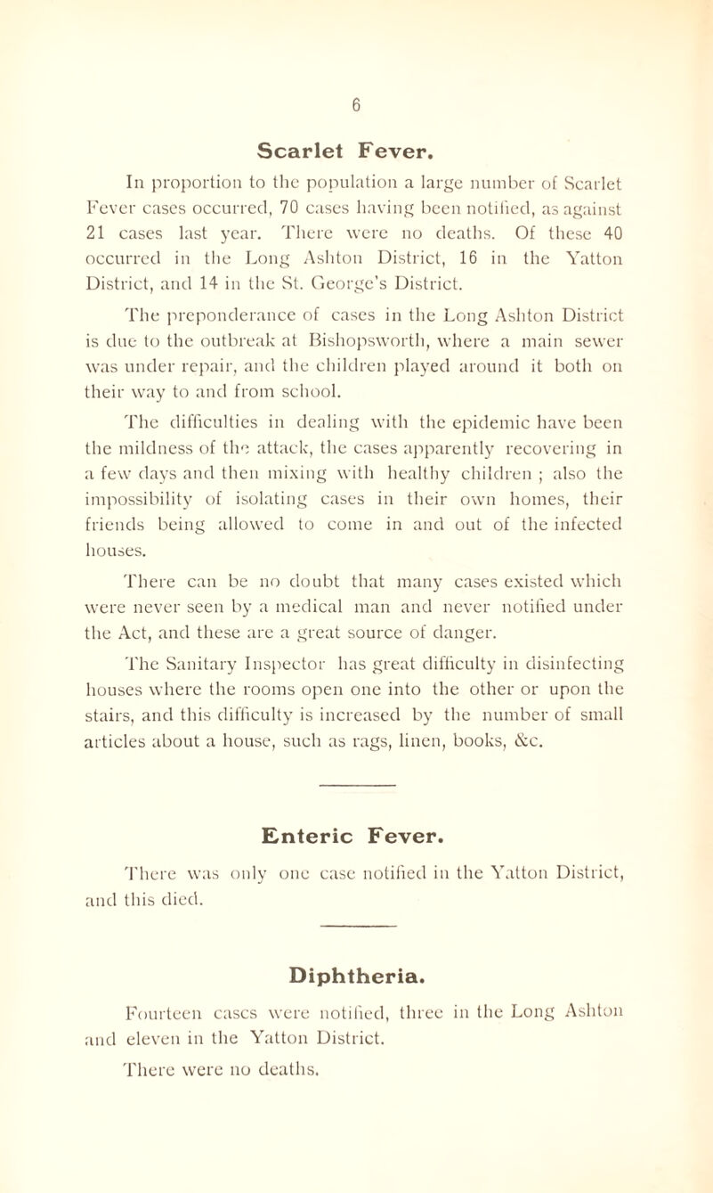 Scarlet Fever. In proportion to the population a large number of Scarlet Fever cases occurred, 70 cases having been notified, as against 21 cases last year. There were no deaths. Of these 40 occurred in the Long Ashton District, 16 in the Yatton District, and 14 in the St. George’s District. The preponderance of cases in the Long Ashton District is due to the outbreak at Bishopsworth, where a main sewer was under repair, and the children played around it both on their way to and from school. The difficulties in dealing with the epidemic have been the mildness of the attack, the cases apparently recovering in a few days and then mixing with healthy children ; also the impossibility of isolating cases in their own homes, their friends being allowed to come in and out of the infected houses. There can be no doubt that many cases existed which were never seen by a medical man and never notified under the Act, and these are a great source of danger. The Sanitary Inspector has great difficulty in disinfecting houses where the rooms open one into the other or upon the stairs, and this difficulty is increased by the number of small articles about a house, such as rags, linen, books, &c. Enteric Fever. There was only one case notified in the Yatton District, and this died. Diphtheria. Fourteen cases were notified, three in the Long Ashton and eleven in the Yatton District. There were no deaths.