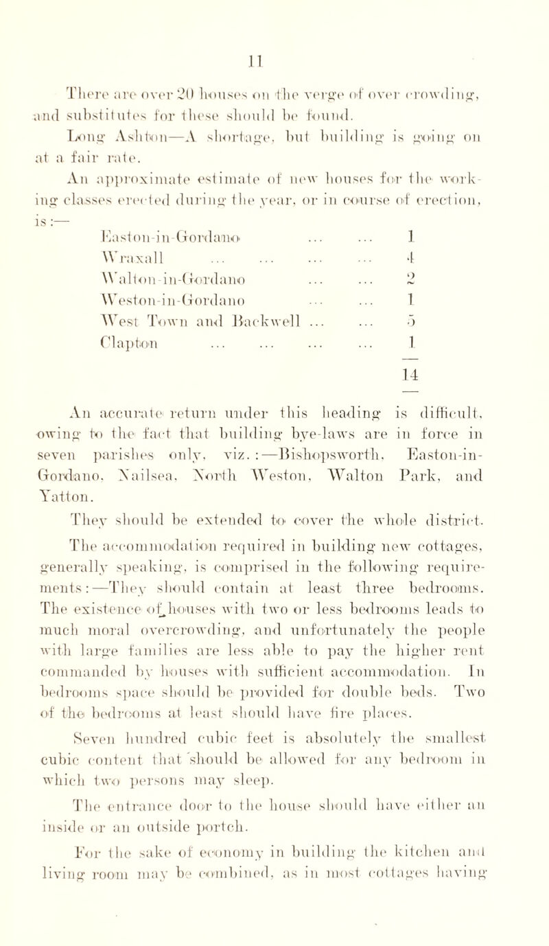 and substitutes for these should he found. Long Ashton—A shortage, but building is going on at a fair rate. An approximate estimate of new houses for the work¬ ing classes erected during the year, or in course of erection, is:— Easton-in-Gordano 1 Wraxall . 4 Walton in-Gordano o Weston-in-Gordano 1 West Town and Backwell ... 5 Clapton 1 14 An accurate return under this heading is difficult owing to the fact that building bye-laws are in force in seven parishes only, viz. :—Bishops worth. Easton-in- Gordano. Xailsea, North Weston, Walton Park, and Yatton. They should be extended to cover the whole district. The accommodation required in building new cottages, generally speaking, is comprised in the following require¬ ments:—They should contain at least three bedrooms. The existence of. houses with two or less bedrooms leads to much moral overcrowding, and unfortunately the people with large families are less able to pay the higher rent commanded by houses with sufficient accommodation. In bedrooms space should be provided for double beds. Two of the bedrooms at least should have fire places. Seven hundred cubic feet is absolutely the smallest cubic content that should be allowed for any bedroom in which two persons may sleep. The entrance door to the house should have either an inside or an outside portch. For the sake of economy in building the kitchen and living room may be combined, as in most cottages having