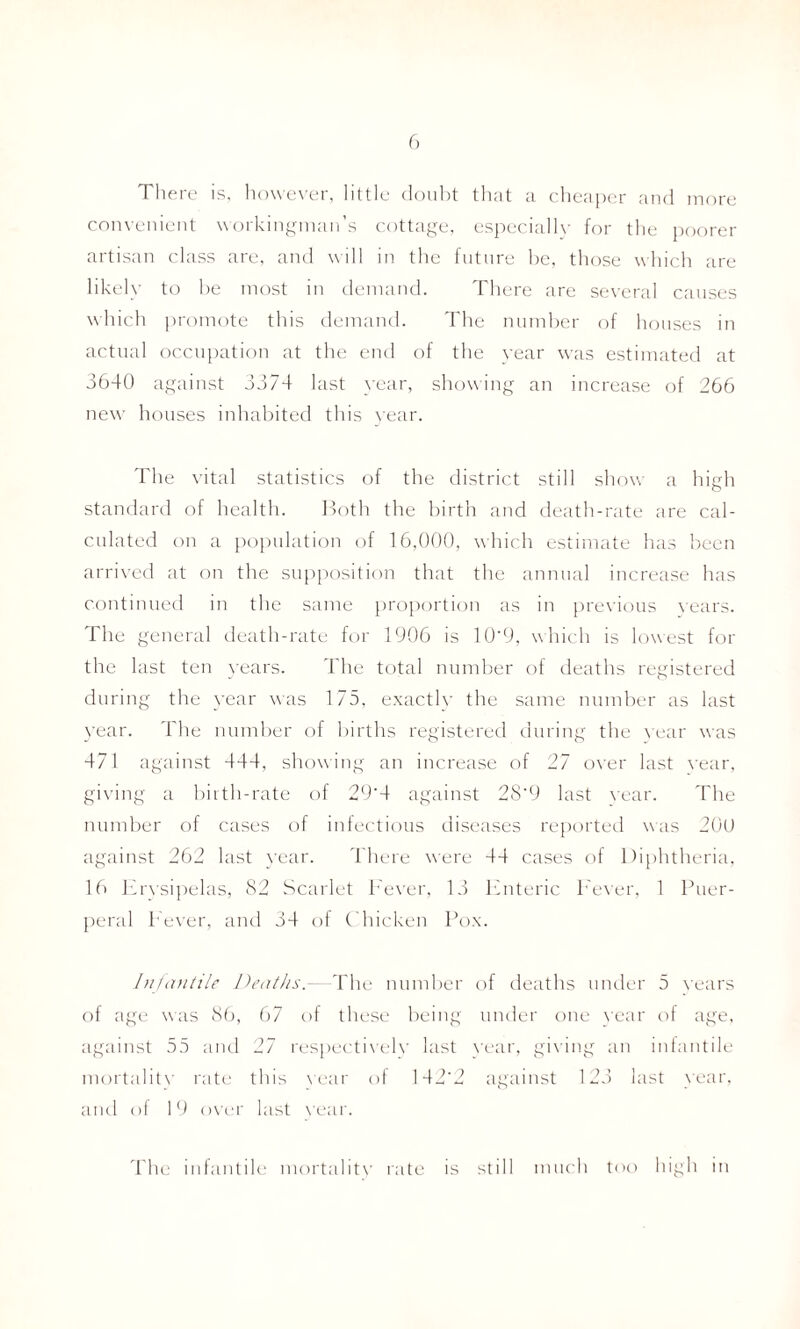 There is, however, little doubt that a cheaper and more convenient workingman’s cottage, especially for the poorer artisan class are, and will in the future be, those which are likely to be most in demand. There are several causes which promote this demand. The number of houses in actual occupation at the end of the year was estimated at 3640 against 3374 last year, showing an increase of 266 new houses inhabited this year. The vital statistics of the district still show a high standard of health. Both the birth and death-rate are cal¬ culated on a population of 16,000, which estimate has been arrived at on the supposition that the annual increase has continued in the same proportion as in previous years. The general death-rate for 1906 is 10'9, which is lowest for the last ten years. The total number of deaths registered during the year was 175, exactly the same number as last year. The number of births registered during the year was 471 against 444, showing an increase of 27 over last vear, giving a birth-rate of 29'4 against 2S'9 last vear. The number of cases of infectious diseases reported was 200 against 262 last year. There were 44 cases of Diphtheria, 16 Erysipelas, 82 Scarlet Fever, 13 Enteric Fever, 1 Puer¬ peral Fever, and 34 of Chicken Pox. Infantile Deaths.— The number of deaths under 5 years of age was 86, 67 of these being under one year of age, against 55 and 27 respectively last year, giving an infantile mortality rate this vear of 142'2 against 123 last year, and of 19 over last year. The infantile mortality rate is still much too high in