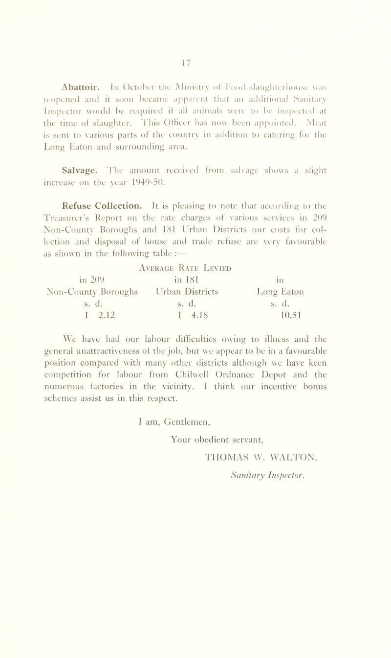 Abattoir. In October the Ministry of Food slaughterhouse was reopened and it soon became apparent that an additional Sanitary Inspector would be required if ali animals were to lie inspected at the time of slaughter. This Officer has now been appointed. Meat is sent to various parts of the country in addition to catering for the Long Eaton and surrounding area. Salvage. The amount received from salvage shows a slight increase on the year 1949-50. Refuse Collection. It is pleasing to note that according to the Treasurer’s Report on the rate charges of various services in 209 Non-County Boroughs and 181 Urban Districts our costs for col¬ lection and disposal of house and trade refuse are very favourable as shown in the following table :— Average Rate Levied in 209 in 181 in Non-County Boroughs Urban Districts Long Eaton s. d. s. d. s. d. 1 2.12 1 4.18 10.51 We have had our labour difficulties owing to illness and the general unattractiveness ol the job, but we appear to be in a favourable position compared with many other districts although we have keen competition for labour from Chilwell Ordnance Depot and the numerous factories in the vicinity. I think our incentive bonus schemes assist us in this respect. I am, Gentlemen, Your obedient servant, THOMAS W. WALTON, Sanitary Inspector.