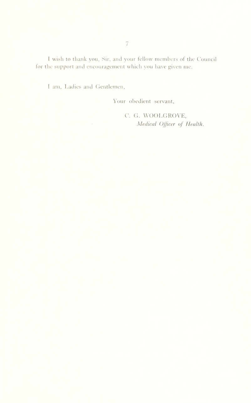 / I wish to thank you, Sir, and your fellow members of the Council for the support and encouragement which you have given me. I am, Ladies and Gentlemen, Your obedient servant, C. G. WOOLGROVE, Medical Officer of Health.