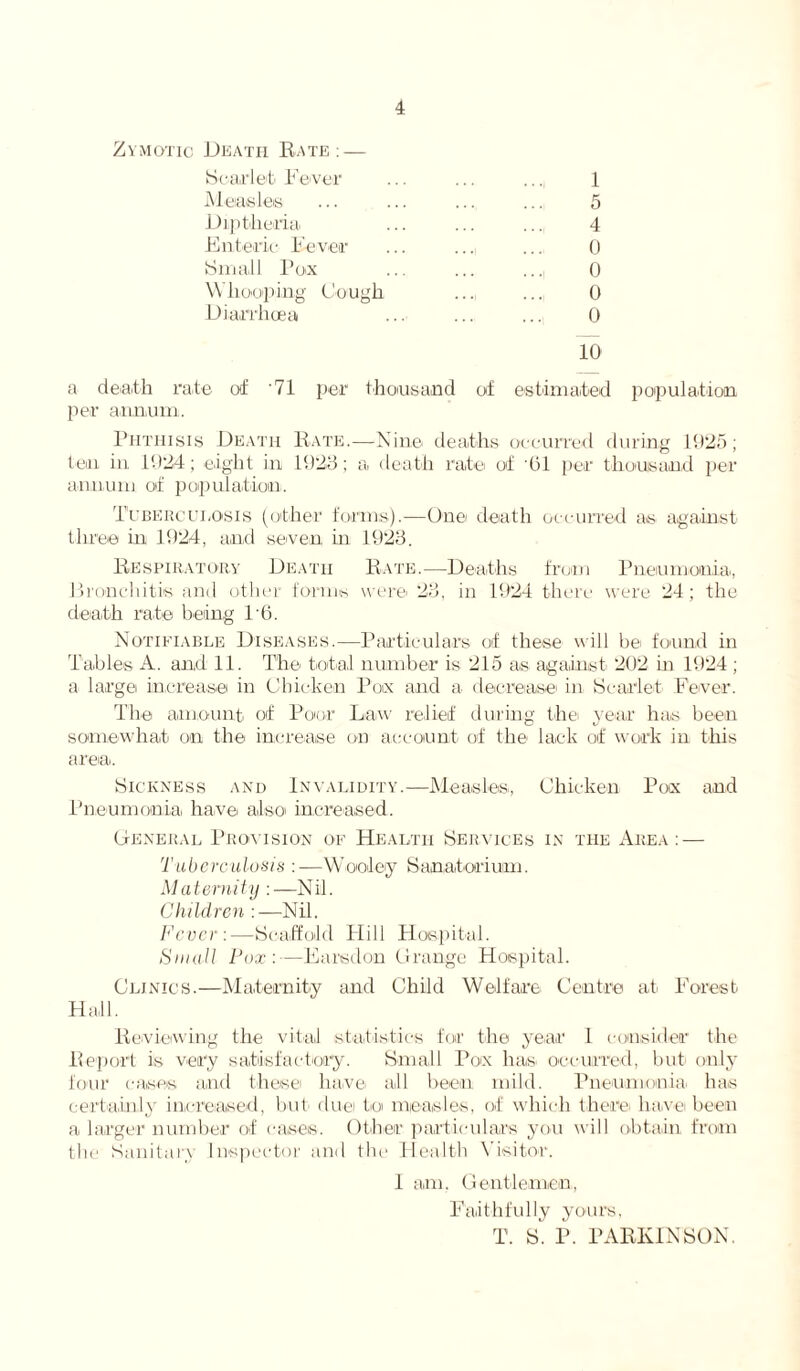 Zymotic Death Rate: — Scarlet' Fever ... ... ... 1 Measles ... ... .... ... 5 Diptlieria ... ... ... 4 Enteric Fever ... ... ... 0 Small Fox ... ... ... 0 Whooping Cough ... ... 0 Diarrhoea ... ... ... 0 10 a death rate of '71 per thousand of estimated population per annum. Phthisis Death Rate.—Nine deaths occurred during 1925; ten in 1924; eight in 1923; a death rate of '01 per thousand per annum of population. Tuberculosis (other forms).—One death occurred as against three in 1924, and seven in 1923. Respiratory Death Rate.—Deaths from Pneumonia, Bronchitis and other forms were 23, in 1924 there were 24; the death rate being l'O. Notifiable Diseases.—Particulars of these will be found in Tables A. and 11. The total number is 215 as against 202 in 1924 ; a large increase in Chicken Pox and a decrease' in Scarlet Fever. The amount of Poor Law relief during thei year has been somewhat on the increase on account of the lack of work in this area. Sickness and Invalidity.—Measles, Chicken Pox and Pneumonia have also increased. General Provision of Health Services in the Area: — Tuberculosis : —Wooley Sanatorium. M a tentity : —Nil. Children :—Nil. Fever :—Scaffold Plill Hospital. Small Fox:—Ears don Grange Hospital. Clinics.—Maternity and Child Welfare Centre at Forest Hall. Reviewing the vital statistics for the year 1 consider the Report is very satisfactory. Small Pox lias occurred, but only four cases and these have all been mild. Pneumonia, has certainly increased, but due) to measles, of which there, have been a larger number of cases. Other particulars you will obtain from the Sanitary Inspector and the Health Visitor. I am, Gentlemen, Faithfully yours, T. S. P. PARKINSON.