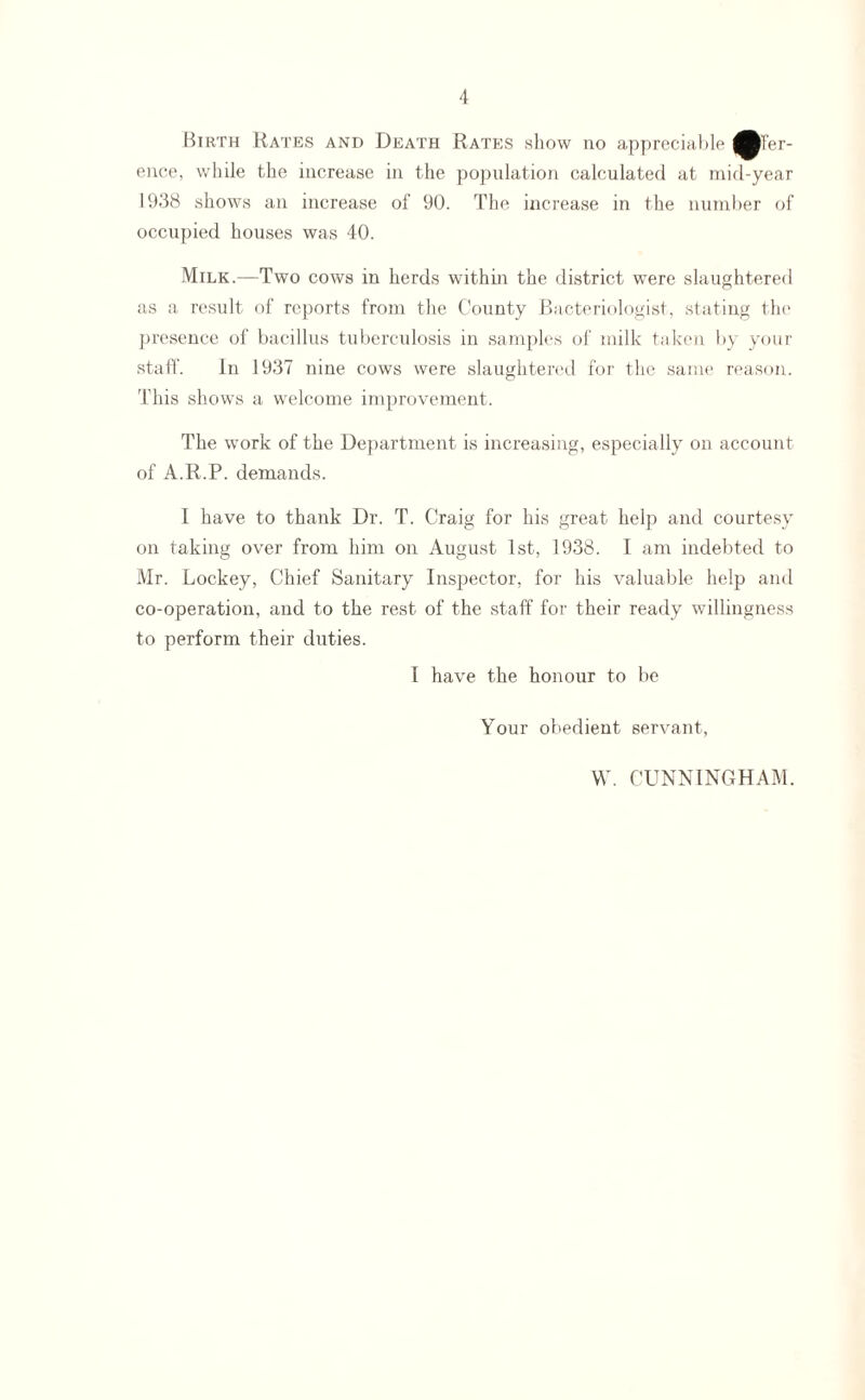 Birth Rates and Death Rates show no appreciable Infer¬ ence, while the increase in the population calculated at mid-year 1938 shows an increase of 90. The increase in the number of occupied houses was 40. Milk.—Two cows in herds within the district were slaughtered as a result of reports from the County Bacteriologist, stating the presence of bacillus tuberculosis in samples of milk taken by your staff. In 1937 nine cows were slaughtered for the same reason. This shows a welcome improvement. The work of the Department is increasing, especially on account of A.R.P. demands. I have to thank Dr. T. Craig for his great help and courtesy on taking over from him on August 1st, 1938. I am indebted to Mr. Lockey, Chief Sanitary Inspector, for his valuable help and co-operation, and to the rest of the staff for their ready willingness to perform their duties. I have the honour to be Your obedient servant, W. CUNNINGHAM.