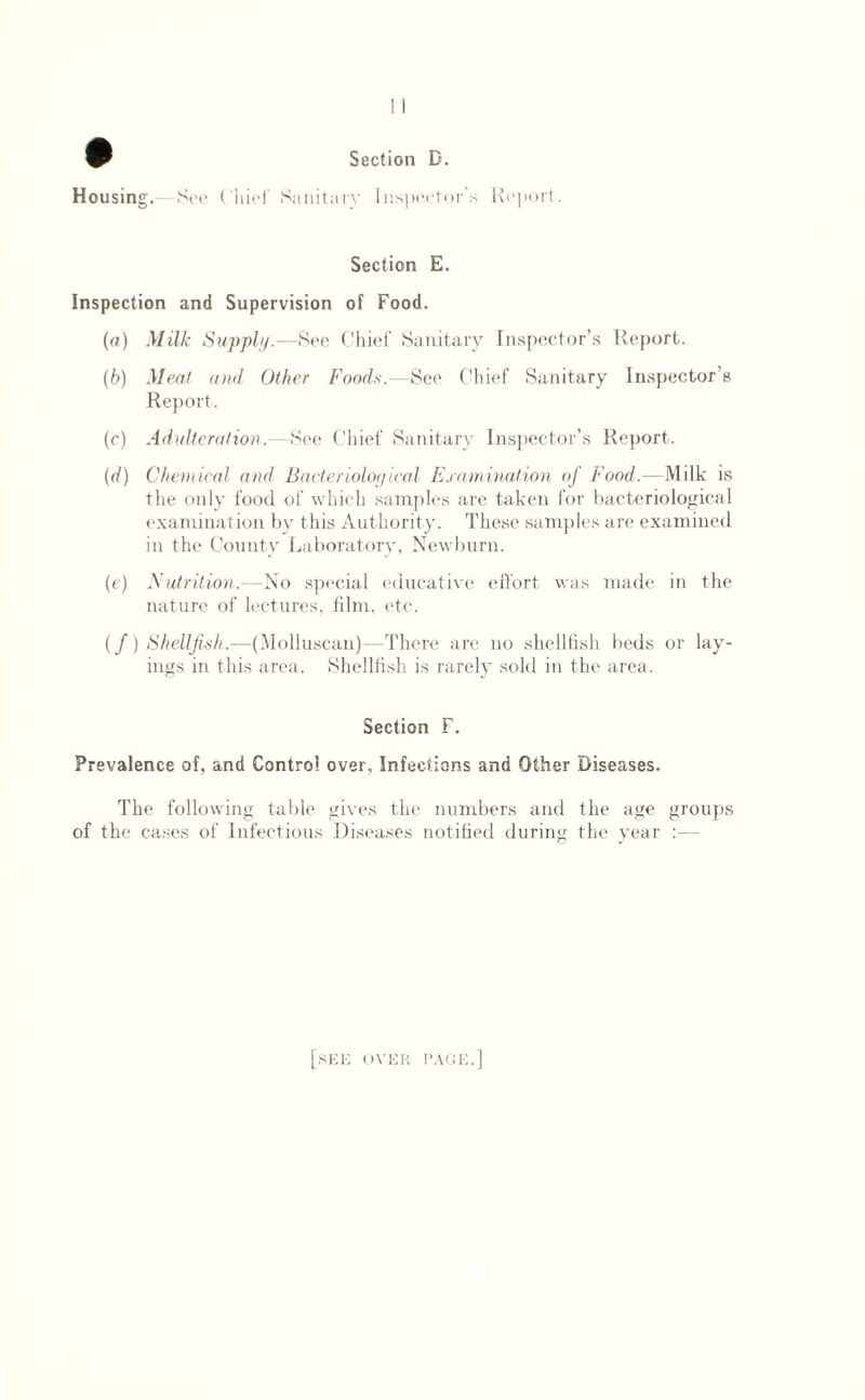 Housing. See Chief Sanitary Inspector's Report. Section E. Inspection and Supervision of Food. (a) Milk Supply.—See Chief Sanitary Inspector’s Report. (b) Meat and Other Foods.—See Chief Sanitary Inspector’s Report. (c) Adulteration.—See Chief Sanitary Inspector’s Report. (d) Chemical and Bacteriological Examination of Food.—Milk is the only food of which samples are taken for bacteriological examination by this Authority. These samples are examined in the County Laboratory, Newburn. (e) Nutrition.—No special educative effort was made in the nature of lectures, film, etc. (/) Shellfish.—(Molluscan)—There are no shellfish beds or lay¬ ings in this area. Shellfish is rarely sold in the area. Section F. Prevalence of, and Control over. Infections and Other Diseases. The following table gives the numbers and the age groups of the cases of Infectious Diseases notified during the year