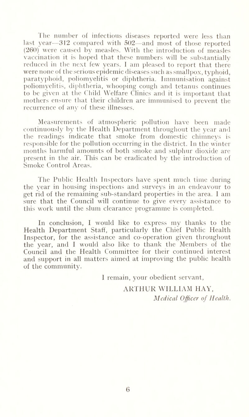 Hie number of infectious diseases reported were less than last year—312 compared with 502—and most of those reported (260) were caused by measles. With the introduction of measles vaccination it is hoped that these numbers will be substantially reduced in the next few years. 1 am pleased to report that there were none of the serious epidemic diseases such as smallpox, typhoid, paratyphoid, poliomyelitis or diphtheria. Immunisation against poliomyelitis, diphtheria, whooping cough and tetanus continues to be given at the Child Welfare Clinics and it is important that mothers ensure that their children are immunised to prevent the recurrence of any of these illnesses. Measurements of atmospheric pollution have been made continuously by the Health Department throughout the year and the readings indicate that smoke from domestic chimneys is responsible for the pollution occurring in the district. In the winter months harmful amounts of both smoke and sulphur dioxide are present in the air. This can be eradicated by the introduction of Smoke Control Areas. The Public Health Inspectors have spent much time during the year in housing inspections and surveys in an endeavour to get rid of the remaining sub-standard properties in the area. I am sure that the Council will continue to give every assistance to this work until the slum clearance programme is completed. In conclusion, 1 would like to express my thanks to the Health Department Staff, particularly the Chief Public Health Inspector, for the assistance and co-operation given throughout the year, and I would also like to thank the Members of the Council and the Health Committee for their continued interest and support in all matters aimed at improving the public health of the community. I remain, your obedient servant, ARTHUR WILLIAM HAY, Medical Officer of Health.