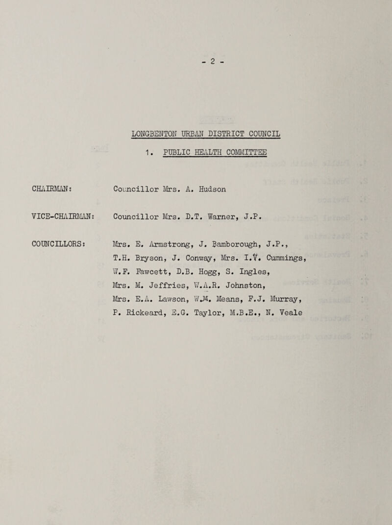 CHAIRMAN? VICE-CHAIRMAN s COUNCILLORS? - 2 - LONGBBNTON URBAN DISTRICT COUNCIL 1. PUBLIC HEALTH COMMITTEE Councillor Mrs. A. Hudson Councillor Mrs. D.T. Warner, J.P. Mrs. E. Armstrong, J. Bamborough, J.P., T.H. Bryson, J. Conway, Mrs. 1.1/A Cummings, ¥.P. Pbwcett, D.B. Hogg, S. Ingles, Mrs. M. Jeffries, W.A.R. Johnston, Mrs. E.A. Lawson, W*M, Means, P.J. Murray, P. Rickeard, E.G. Taylor, M.B.E., N. Veale