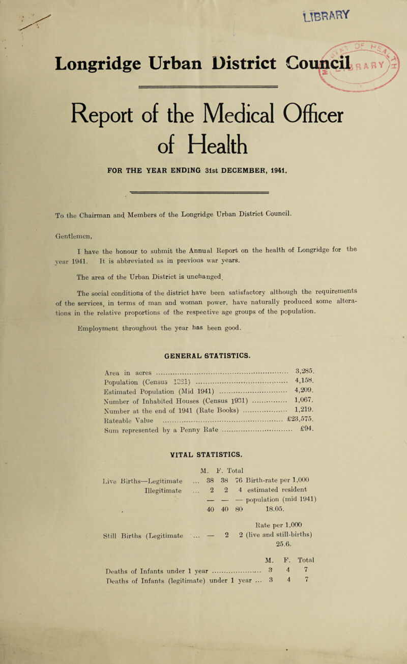 LIBRARY Longridge Urban District Co Report of the Medical Officer of Health FOR THE YEAR ENDING 31st DECEMBER, 1941. To the Chairman and Members of the Longridge Urban District Council. ■Gentlemen, I have the honour to submit the Annual Report on the health of Longridge for the year 1941. It is abbreviated as in previous war years. The area of the Urban District is unchanged. The social conditions of the district have been satisfactory although the requirements of the services, in terms of man and woman power, have naturally produced some altera¬ tions in the relative proportions of the respective age groups of the population. Employment throughout the year has been good. GENERAL STATISTICS. Area in acres . Population (Census 1031) . Estimated Population (Mid 1941) . Number of Inhabited Houses (Census 193.1) Number at the end of 1941 (Rate Books) Rateable Value . Sum represented by a Penny Rate . . 3,285. . 4,158. . 4,209. . 1,067. . 1,219. £23,575. ... £94. VITAL STATISTICS. M. F. Total Live Births—Legitimate ... 38 38 76 Birth-rate per 1,000 Illegitimate 2 2 4 estimated resident — — — population (mid 1941) 40 40 80 18.05. Rate per 1,000 Still Births (Legitimate _ 2 2 (live and still-births) ft M. F. Total Deaths of Infants under 1 year . 3 4 7 Deaths of Infants (legitimate) under 1 year ... 3 4 7