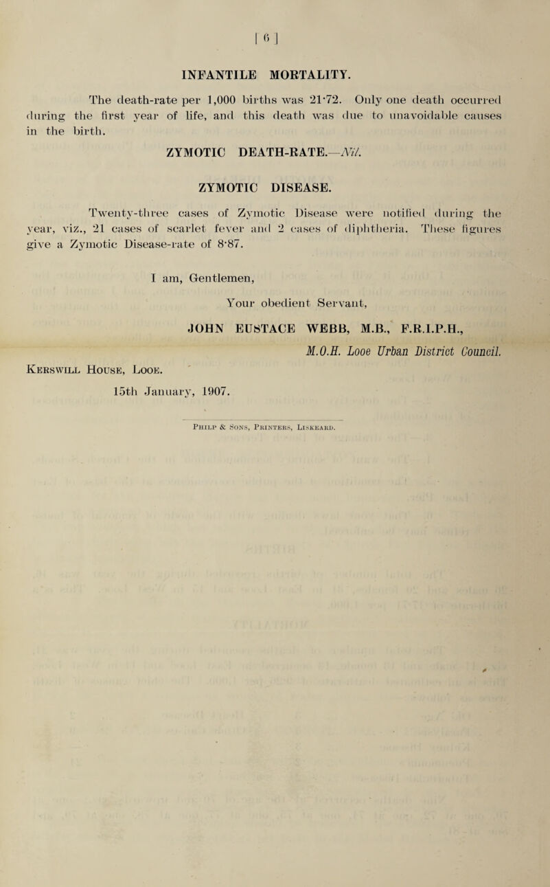 INFANTILE MORTALITY. The death-rate per 1,000 births was 2T72. Only one death occurred during the first year of life, and this death was due to unavoidable causes in the birth. ZYMOTIC DEATH-RATE.™A7/. ZYMOTIC DISEASE. TM^enty-three cases of Zymotic Itisease were notified during the year, viz., 21 cases of scarlet fever and 2 cases of dii)litheria. These figures give a Zymotic Disease-rate of 8*87. I am, Gentlemen, Your obedient Servant, JOHN EUSTACE WEBB, M.B., F.R.I.P.H., Kerswill House, Looe. 15th January, 1907. M.O.H. Looe Urban District Council Philp & Sons, Piunters, Liskeakr.