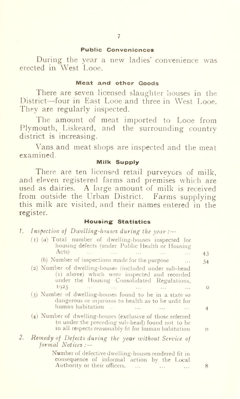 Public Conveniences During the year a new ladies’ convenience was erected in West Looe. Meat and other Goods There are seven licensed slaughter houses in the District—four in East Looe and three in West Looe. They are regularly inspected. 'Idle amount of meat imported to Looe from Plymouth, Liskeard, and the surrounding country district is increasing. \'ans and meat shops are inspected and the meat examined. Milk Supply There are ten licensed retail purveyors of milk, and eleven registered farms and premises which are used as dairies. A large amount of milk is received from outside the Urban District. Farms supplying this milk are visited, and their names entered in the register. Housings Statistics /. Inspection of Dweiling-hoitses during the vear : — (1) (a) Total number of dwelling-houses inspected for housing defects (under Public liealth or Housing Acts] ... ... ... ... ... 43 (b) Number of inspections made for the purpose ... 54 (2) Number of dwelling-houses (included under sub-head (i) above) which were inspected and recorded under the Housing Consolidated Regulations, 1925 ■■■ ... ... o (3) Number of dwelling-houses found to be in a state so dangerous or injurious to health as to be unlit for liuman habitation ... ... ... 4 (4) Number of dwelling-houses (exclusive of those referred to under the preceding sub-head) found not to be in all respects reasonably fit for human habitation o 2. Remedy of Defects during the year xvithout Service of formal Notices : — Number of defective dwelling-houses rendered fit in consequence of informal action by the Local Authority or their officers. ... ... ... 8