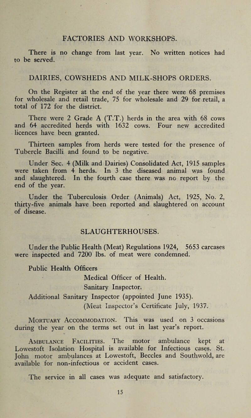 FACTORIES AND WORKSHOPS. There is no change from last year. No written notices had to be served. DAIRIES, COWSHEDS AND MILK-SHOPS ORDERS. On the Register at the end of the year there were 68 premises for wholesale and retail trade, 75 for wholesale and 29 for retail, a total of 172 for the district. There were 2 Grade A (T.T.) herds in the area with 68 cows and 64 accredited herds with 1632 cows. Four new accredited licences have been granted. Thirteen samples from herds were tested for the presence of Tubercle Bacilli and found to be negative. Under Sec. 4 (Milk and Dairies) Consolidated Act, 1915 samples were taken from 4 herds. In 3 the diseased animal was found and slaughtered. In the fourth case there was no report by the end of the year. Under the Tuberculosis Order (Animals) Act, 1925, No. 2, thirty-five animals have been reported and slaughtered on account of disease. SLAUGHTERHOUSES. Under the Public Health (Meat) Regulations 1924, 5653 carcases were inspected and 7200 lbs. of meat were condemned. Public Health Officers Medical Officer of Health. Sanitary Inspector. Additional Sanitary Inspector (appointed June 1935). (Meat Inspector’s Certificate July, 1937. Mortuary Accommodation. This was used on 3 occasions during the year on the terms set out in last year’s report. Ambulance Facilities. The motor ambulance kept at Lowestoft Isolation Hospital is available for Infectious cases. St. John motor ambulances at Lowestoft, Beccles and Southwold, are available for non-infectious or accident cases. The service in all cases was adequate and satisfactory.