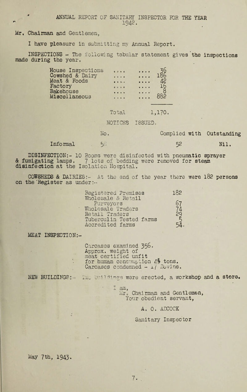 * ANNUAL REPORT OF SANITARY INSPECTOR FOR THE YEAR 1942. Mr, Chairman and Gentlemen, I have pleasure in submitting my Annual Report. INSPECTIONS - The following tabular statement gives the inspections made during the year. House Inspections .„.. • • • • 3$ Cowshed & Dairy .... .... 186 Meat & Foods ..... .... 42 Factory .... .... 16 Bakehouse .... .... 8 Miscellaneous .... .... 882 Total 1,170. NOTICES ISSUED, No, Complied with Outstanding Informal 9.1 52 Nil. DISINFECTION;- 10 Rooms were disinfected with pneumatic sprayer & fumigating lamps, 7 lots of bedding were removed for steam disinfection at the Isolation Hospital. COWSHEDS & DAIRIES:- At the end of the year there were l82 persons on the'Register as under:- Registered Premises Wholesale & Retail 182 Purveyors 67 Wholesale Traders 74 Retail Traders 29 Tuberculin Tested farms 5 Accredited farms 54. MEAT INSPECTION:- Carcases examined 356* Approx, weight of meat certified unfit for human consumption 4I tons. Carcases condemned - jl/ Bovine. NEW BUILDINGS:- 1..^ buildings were erected, a workshop and a store, ■ I am, Mr, Chairman and Gentlemen, Your obedient servant, A. 0. ADCOCK Sanitary Inspector May 7th, 1943.