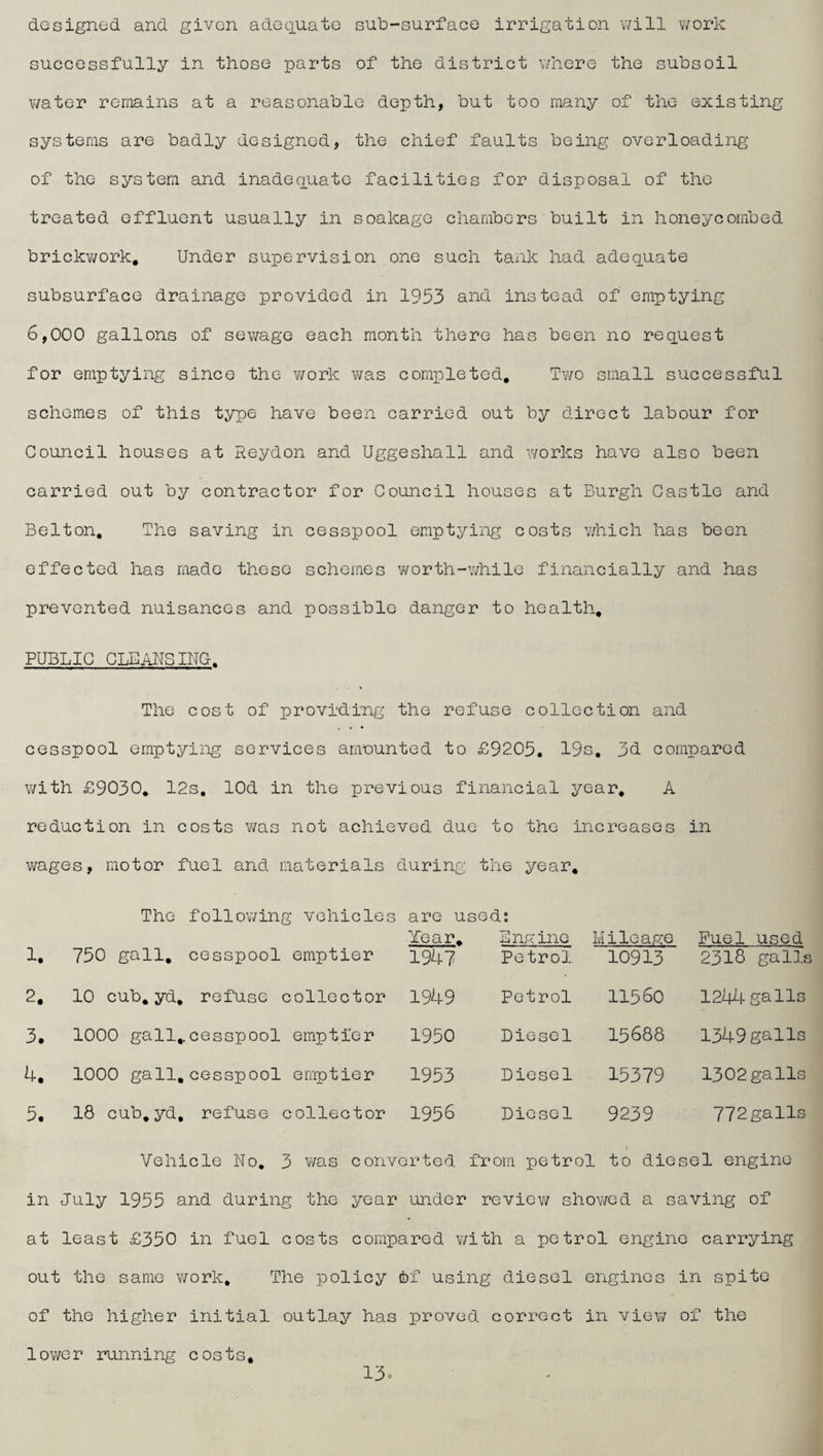 designed and given adequate sub-surface irrigation will work successfully in those parts of the district where the subsoil water remains at a reasonable depth, but too many of the existing systems are badly designed, the chief faults being overloading of the system and inadequate facilities for disposal of the treated effluent usually in soaloage chambers built in honeycombed brickwork. Under supervision one such tank had adequate subsurface drainage provided in 1953 and instead of emptying 6,000 gallons of sewage each month there has been no request for emptying since the work was completed. Two small successful schemes of this type have been carried out by direct labour for Council houses at Reydon and Uggeshall and works have also been carried out by contractor for Council houses at Burgh Castle and Belton. The saving in cesspool emptying costs which has been effected has made these schemes worth-while financially and has prevented nuisances and possible danger to health. PUBLIC CLEANSINC. The cost of providing the refuse collection and cesspool emptying services amounted to £9205. 19s, 3d compared with £9030. 12s, lOd in the previous financial year. A reduction in costs was not achieved due to the increases in wages, motor fuel and materials during the year. The following vehicles are used: Year. Engine Mileage Fuel used 1. 750 gall, cesspool emptier 1947 Petrol 10913 2318 galls 2. 10 cub. yd, refuse collector 1949 Petrol 11560 1244 galls 3. 1000 gall,.cesspool emptier 1950 Diesel 15688 1349 galls 4. 1000 gall,cesspool emptier 1953 Diesel 15379 1302 galls 5. 18 cub. yd, refuse collector 1956 Diesel 9239 772galls Vehicle No. 3 was converted from petrol to diesel engine- in July 1955 and during the year under review showed a saving of at least £350 in fuel costs compared with a petrol engine carrying out the same work. The policy of using diesel engines in spite of the higher initial outlay has proved correct in view of the lower running costs,