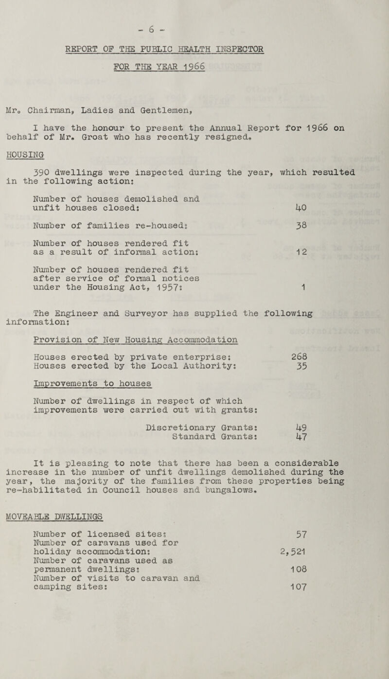 REPORT OF THE PUBLIC HEALTH INSPECTOR FOR THE YEAR 1966 Mr0 Chairman, Ladies and Gentlemen, I have the honour to present the Annual Report for 1966 on behalf of Mr* Groat who has recently resigned* HOUSING 390 dwellings were inspected during the year, which resulted in the following action; Number of houses demolished and unfit houses closed; 40 Number of families re-housed; 38 Number of houses rendered fit as a result of informal action; 1 2 Number of houses rendered fit after service of formal notices under the Housing Act, 1957s 1 The Engineer and Surveyor has supplied the following information; Provision of New Housing Accommodation Houses erected by private enterprise; 268 Houses erected by the Local Authority; 35 Improvements to houses Number of dwellings in respect of which improvements were carried out with grants; Discretionary Grants; 49 Standard Grants; 47 It is pleasing to note that there has been a considerable increase in the number of unfit dwellings demolished during the year, the majority of the families from these properties being re-habilitated in Council houses and bungalows* MOVEABLE DWELLINGS Number of licensed sites; Number of caravans used for 57 holiday accommodation; Number of caravans used as 2,521 permanent dwellings; Number of visits to caravan and 108 camping sites; 107