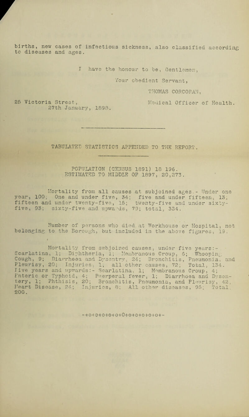 births, new cases of infectious sickness, also classified according to diseases and ages. T have the honour to be, Gentlemen, four obedient Servant, THOMAS CORCORAN, 25 Victoria Street, Medical Officer of Health. 27th January, 1893. TABULATED STATISTICS APPENDED TO THE REPORT POPULATION (CENSUS 1891) 18 196. ESTIMATED TO MIDDLE OP 1897, 20,273. Mortality from all causes at subjoined ages.- Under one year, 100; One and under five, 34; five and under fifteen, 13; fifteen and under twenty-five, 15; twenty-five and under sixty- five, 93; sixty-five and upwards, 79; total, 334. Number of persons who died at Workhouse or Hospital, not belonging to the Borough, but included in the above figures. 19. Mortality from subjoined causes, Scarlatina, 1; Diphtheria, 1; Membranous under five years:- Croup, 6; Whooping; Cough, 9; Diarrhoea and Pleurisy, 20; Injuries, live years and upwards:- Enteric or Typhoid, 4; P tery, 1; Phthisis, 20; Heart Disease, 24; Injur Dysentry, 24; Bronchitis, Pneumonia, and 1, all other causes, 72; Total, 134. Scarlatina, 1; Membranous Croup, 4; uerperal fever. 1; Diarrhoea and Dysen- Bronchitis, Pneumonia, and Pleurisy, 42, ios, 8; All other diseases, 95; Total 200 . -tOtOtOtOtOtOtO-tOtOtOtOt-