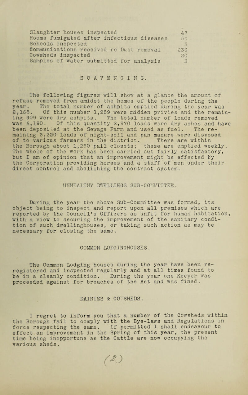 Slaughter houses inspected Rooms fumigated after infectious diseases Schools inspected dommunications received re Dust removal Cowsheds inspected Samples of water submitted for analysis 236 20 3 47 SCAVENGING. The following figures will show at a glance the amount of refuse removed from amidst the homes of the people during the year. The total number of ashpits emptied during the year was 2,168. Of this number 1,259 were midden privies and the remain¬ ing 909 were dry ashpits. The total number of loads removed was 6,190. Of this quantity 2,970 loads were dry ashes and have been deposited at the Sewage Farm and used as fuel. The re¬ maining 3,220 loads of night-soil and pan manure were disposed of to various farmers in the district. There are within the Borough about 1,250 pail closets; these are emptied weekly. The whole of the work has been carried out fairly satisfactory, but I am of opinion that an improvement might be effected by the Corporation providing horses and a staff of men under their direct control and abolishing the contract system. During the year the above Sub-Committee was formed, its object being to inspect and report upon all premises which are reported by the Council's Officers as unfit for human habitation, with a view to securing the improvement of the sanitary condi¬ tion of such dwellinghouses, or taking such action as may be necessary for closing the same. COMMON LODGINGHOUSES. The Common Lodging houses during the year have been re¬ registered and inspected regularly and at all times found to be in a cleanly condition. During the year one Keeper was proceeded against for breaches of the Act and was fined. DAIRIES & CO'/SHEDS . I regret to inform you that a number of the Cowsheds within the Borough fail to comply with the Bye-laws and Regulations in force respecting the same. If permitted I shall endeavour to effect an improvement in the Spring of this year, the present time being inopportune as the Cattle are now occupying the various sheds.