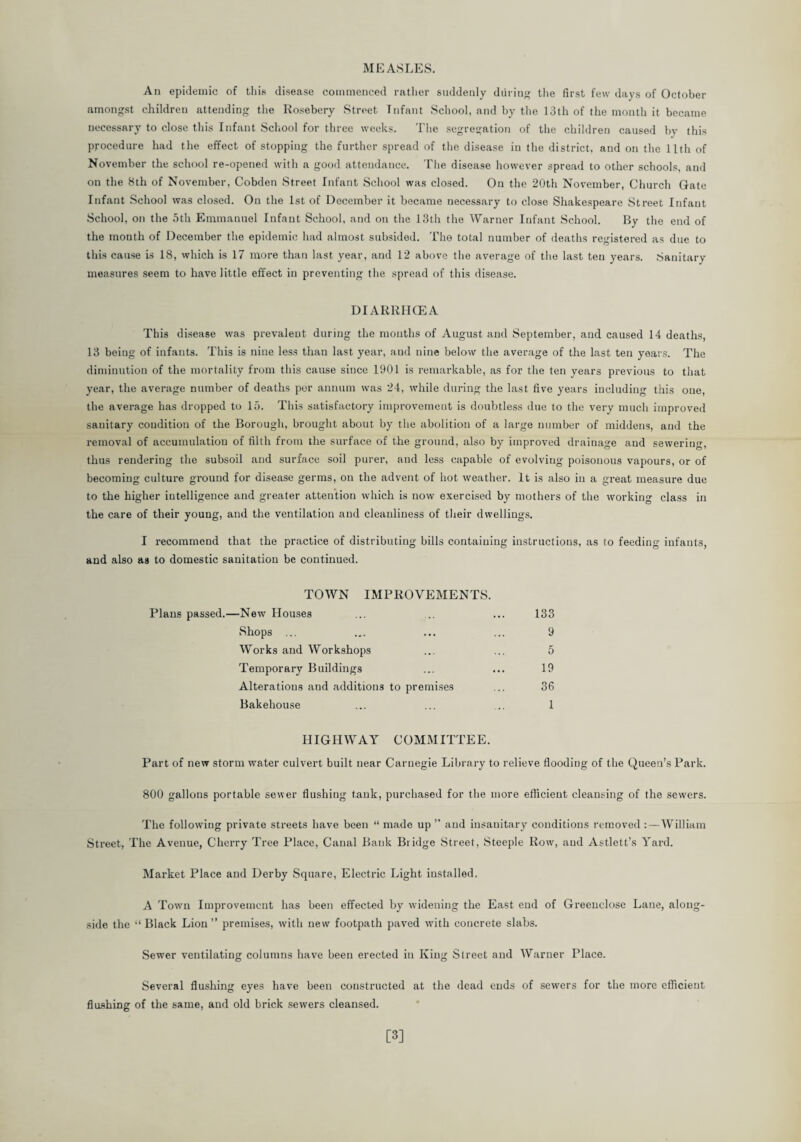 MEASLES. An epidemic of this disease commenced rather suddenly during the first few days of October amongst children attending the Rosebery Street Infant School, and by the 13th of the month it became necessary to close this Infant School for three weeks. The segregation of the children caused by this procedure had the effect of stopping the further spread of the disease in the district, and on the 11th of November the school re-opened with a good attendance. The disease however spread to other schools, and on the 8th of November, Cobden Street Infant School was closed. On the 20th November, Church Gate Infant School was closed. On the 1st of December it became necessary to close Shakespeare Street Infaut School, on the 5th Emmanuel Infant School, and on the I3th the Warner Infant School. By the end of the month of December the epidemic had almost subsided. The total number of deaths registered as due to this cause is 18, which is 17 more than last year, and 12 above the average of the last ten years. Sanitary measures seem to have little effect in preventing the spread of this disease. DIARRHOEA This disease was prevalent during the mouths of August and September, and caused 14 deaths, 13 being of infants. This is nine less than last year, and nine below the average of the last ten years. The diminution of the mortality from this cause since 1901 is remarkable, as for the ten years previous to that year, the average number of deaths per annum was 24, while during the last five years including this one, the average has dropped to 15. This satisfactory improvement is doubtless due to the very much improved sanitary condition of the Borough, brought about by the abolition of a large number of middens, and the removal of accumulation of filth from the surface of the ground, also by improved drainage and sewering, thus rendering the subsoil and surface soil purer, and less capable of evolving poisonous vapours, or of becoming culture ground for disease germs, on the advent of hot weather. It is also in a great measure due to the higher intelligence and greater attention which is now exercised by mothers of the working class in the care of their young, and the ventilation and cleanliness of their dwellings. I recommend that the practice of distributing bills containing instructions, as to feeding infants, and also as to domestic sanitation be continued. TOWN IMPROVEMENTS. Plans passed.—New Houses ... ... ... 133 Shops ... ... ... ... 9 Works and Workshops ... ... 5 Temporary Buildings ... ... 19 Alterations and additions to premises ... 36 Bakehouse ... ... .. 1 HIGHWAY COMMITTEE. Part of new storm water culvert built near Carnegie Library to relieve flooding of the Queen’s Park. 800 gallons portable sewer flushiug tank, purchased for the more efficient cleansing of the sewers. The following private streets have been “ made up ” and insanitary conditions removed :—William Street, The Avenue, Cherry Tree Place, Canal Bank Bridge Street, Steeple Row, and Astlett’s Yard. Market Place and Derby Square, Electric Light installed. A Town Improvement has been effected by widening the East end of Greenclose Lane, along¬ side the “ Black Lion ” premises, with new footpath paved with concrete slabs. Sewer ventilating columns have been erected in King Street and Warner Place. Several flushing eyes have been constructed at the dead ends of sewers for the more efficient flushing of the same, and old brick sewers cleansed. [3]