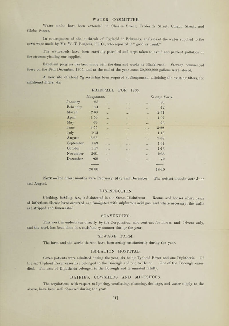 WATER COMMITTEE. Water mains have been exlended in Charles Street, Frederick Street, Curzon Street, and Glebe Street. In consequence of the outbreak of Typhoid in February, analyses of the water supplied to the town were made by Mr. W. T. Burgess, F.I.C., who reported it ‘‘good as usual.” The watersheds have been carefully patrolled and steps taken to avoid and prevent pollution of the streams yielding our supplies. Excellent progress has been made with the dam and works at Blackbrook. Storage commenced there on the 18th December, 1905, and at the eud of the year some 30,000,000 gallons were stored. A new site of about 2^ acres has been acquired at Nanpantan, adjoining the existing filters, for additional filters, &c. J auuary RAINFALL FOR 1905. Nanpantan. •95 Sewage Farm. •83 February •74 •72 March 2-68 2-64 April L59 1-07 May •39 •23 June 3‘55 3-22 July 1-12 M3 August 3-53 2-68 September 1-59 1*67 October M7 M3 November 2-81 2-36 December •68 •72 20-80 18-40 Note.—The driest months were F'ebruary, May and December. The wettest months were June and August. DISINFECTION. Clothing, bedding, &c., is disinfected in the Steam Disinfector. Rooms and houses wkero cases of infectious disease have occurred are fumigated with sulphurous acid gas, and where necessary, the walls are stripped and limewashed. SCAVENGING. This work is undertaken directly by the Corporation, who contract for horses and drivers only, and the work has been done in a satisfactory manner during the year. SEWAGE FARM. The farm and the works thereon have been acting satisfactorily during the year. ISOLATION HOSPITAL. Seven patients were admitted during the year, six being Typhoid Fever and one Diphtheria. Of the six Typhoid Fever cases five belonged to the Borough and one to Hoton. One of the Borough cases died. The case of Diphtheria belonged to the Borough and terminated fatally. DAIRIES, COWSHEDS AND MILIvSHOPS. The regulations, with respect to lighting, ventilating, cleansing, drainage, and water supply to the above, have been well observed during the year. M