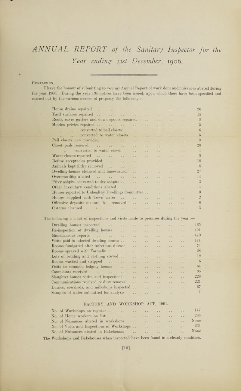 ANNUAL REPORT of the Sanitary Inspector for the Year ending 31 st December, 1906. Gentlemen, I have the honour of submitting to you my Annual Report of work done and nuisances abated during the year 1906. During the year 134 notices have been issued, upon which there have been specified and carried out by the various owners of property the following :— House drains repaired . . . . . . . . .. .. .. .. 26 Yard surfaces repaired . . . . .. . . . . . . . . .. 15 Roofs, eaves gutters and down spouts repaired . . .. . . .. 5 Midden privies repaired .. .. .. .. .. . . .. .. 5 „ „ converted to pail closets .. .. .. .. .. 6 ,, „ converted to water closets .. .. . . . . .. 6 Pail closets new provided .. .. . . .. .. .. .. 8 Closet pails renewed .. .. .. .. .. .. .. .. 20 ,, converted to water closet .. .. .. . . .. 1 Water closets repaired .. . . .. .. . . .. .. .. 5 Refuse receptacles provided .. .. .. .. .. .. .. 10 Animals kept filthy removed .. .. . . . . .. .. .. 8 Dwelling-houses cleansed and limewashed . . .. .. .. .. 27 Overcrowding abated .. .. .. .. .. .. .. .. 14 Privy ashpits converted to dry ashpits .. .. .. .. .. .. 3 Other insanitary conditions abated . . . . .. .. .. .. 4 Houses reported to Unhealthy Dwellings Committee .. .. .. .. 0 Houses supplied with Town water .. .. .. .. . . .. 2 Offensive deposits manure, &c., removed . . . . .. .. .. 6 Cisterns cleansed .. i.. .. ■. . ■ .. ■ ■ ■. . ■ 3 The following is a list of inspections and visits made to premises during the year Dwelling houses inspected Re-inspection of dwelling houses Miscellaneous reports Visits paid to infected dwelling houses . . Rooms fumigated after infectious disease Rooms sprayed with Formalin Lots of bedding and clothing stoved . . Rooms washed and stripped Visits to common lodging houses Complaints received Slaughter-houses visits and inspections Communications received re dust removal Dairies, cowsheds, and milkshops inspected Samples of water submitted for analysis 465 491 470 111 74 28 12 6 64 35 226 221 67 1 FACTORY AND WORKSHOP ACT, 1901. No. of Workshops on register No. of Home workers on list No. of Nuisances abated in workshops No. of Visits and Inspections of Workshops No. of Nuisances abated in Bakehouses 147 266 None 231 None The Workshops and Bakehouses when inspected have been found in a cleanly condition. [10]