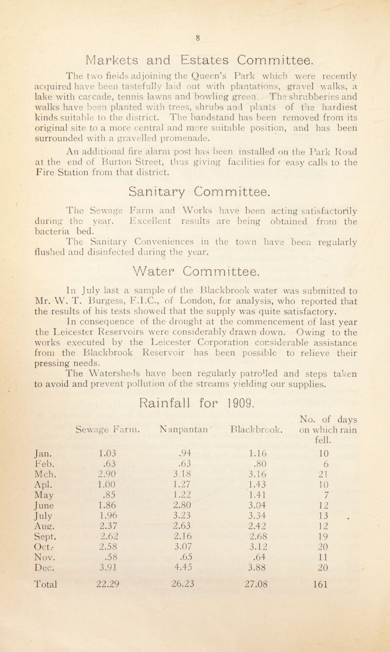Markets and Estates Committee. The two fieids adjoining the Queen’s Park which were recently acquired have been tastefully laid out with plantations, gravel walks, a lake with cascade, tennis lawns and bowling green. The shrubberies and walks have been planted with trees, shrubs and plants of the hardiest kinds suitable to the district. The bandstand has been removed from its original site to a more central and more suitable position, and has been surrounded with a gravelled promenade. An additional fire alarm post has been installed on the Park Road at the end of Burton Street, thus giving facilities for easy calls to the Fire Station from that district. Sanitary Committee. The Sewage Farm and Works have been acting satisfactorily during the year. Excellent results are being obtained from the bacteria bed. The Sanitary Conveniences in the town have been regularly flushed and disinfected during the year. Water Committee. in July last a sample of the Blackbrook water was submitted to Mr. W. T. Burgess, F.I.C., of London, for analysis, who reported that the results of his tests showed that the supply was quite satisfactory. In consequence of the drought at the commencement of last year the Leicester Reservoirs were considerably drawn down. Owing to the works executed by the Leicester Corporation considerable assistance from the Blackbrook Reservoir has been possible to relieve their pressing needs. The Watersheds have been regularly patrofled and steps taken to avoid and prevent pollution of the streams yielding our supplies. Rainfall for 1909. No. of days Sewage Farm. Nanpantan Blackbrook. on which fell. Jan. 1.03 .94 1.16 10 Feb. .63 .63 .80 6 Mch. 2.90 3.18 3.16 21 Apl. 1.00 1.27 1.43 10 May .85 1.22 1.41 7 June 1.86 2.80 3.04 12 July 1.96 3.23 3.34 13 Aug. 2.37 2.63 2.42 12 Sept. 2.62 2.16 2.68 19 Oct.* 2.58 3.07 3.12 20 Nov. .58 .65 .64 11 Dec. 3.91 4.45 3.88 20 Total 22.29 26.23 27.08 161