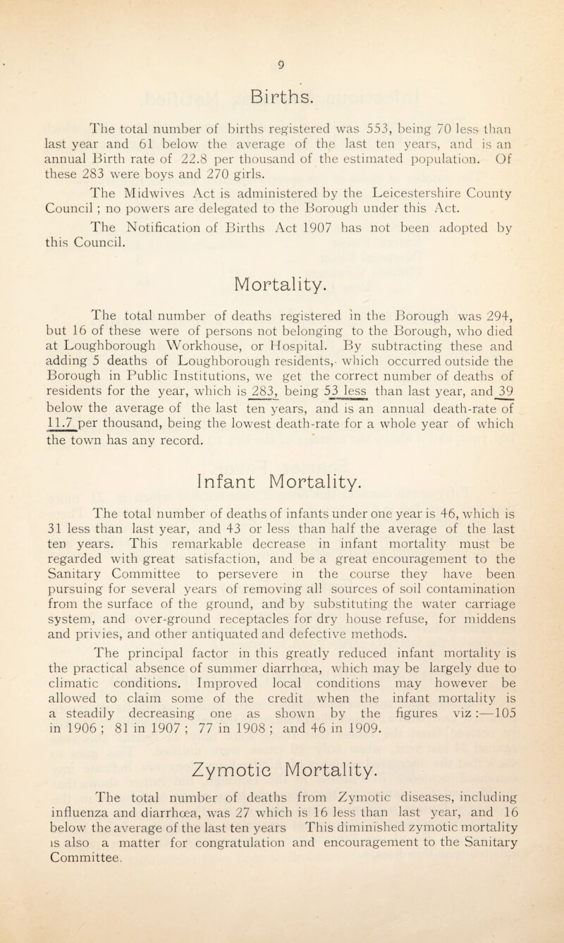 Births. The total number of births registered was 553, being 70 less than last year and 61 below the average of the last ten years, and is an annual Birth rate of 22.8 per thousand of the estimated population. Of these 283 were boys and 270 girls. The Midwives Act is administered by the Leicestershire County Council ; no powers are delegated to the Borough under this Act. The Notification of Births Act 1907 has not been adopted by this Council. Mortality. The total number of deaths registered in the Borough was 294, but 16 of these were of persons not belonging to the Borough, who died at Loughborough Workhouse, or Hospital. By subtracting these and adding 5 deaths of Loughborough residents,- which occurred outside the Borough in Public Institutions, we get the correct number of deaths of residents for the year, which is 283, being 53 less than last year, and 39 below the average of the last ten years, and is an annual death-rate of 11.7 per thousand, being the lowest death-rate for a whole year of which the town has any record. Infant Mortality. The total number of deaths of infants under one year is 46, which is 31 less than last year, and 43 or less than half the average of the last ten years. This remarkable decrease in infant mortality must be regarded with great satisfaction, and be a great encouragement to the Sanitary Committee to persevere in the course they have been pursuing for several years of removing all sources of soil contamination from the surface of the ground, and by substituting the water carriage system, and over-ground receptacles for dry house refuse, for middens and privies, and other antiquated and defective methods. The principal factor in this greatly reduced infant mortality is the practical absence of summer diarrhoea, which may be largely due to climatic conditions. Improved local conditions may however be allowed to claim some of the credit when the infant mortality is a steadily decreasing one as shown by the figures viz :—105 in 1906 ; 81 in 1907 ; 77 in 1908 ; and 46 in 1909. Zymotic Mortality. The total number of deaths from Zymotic diseases, including influenza and diarrhoea, was 27 which is 16 less than last year, and 16 below the average of the last ten years This diminished zymotic mortality is also a matter for congratulation and encouragement to the Sanitary Committee.
