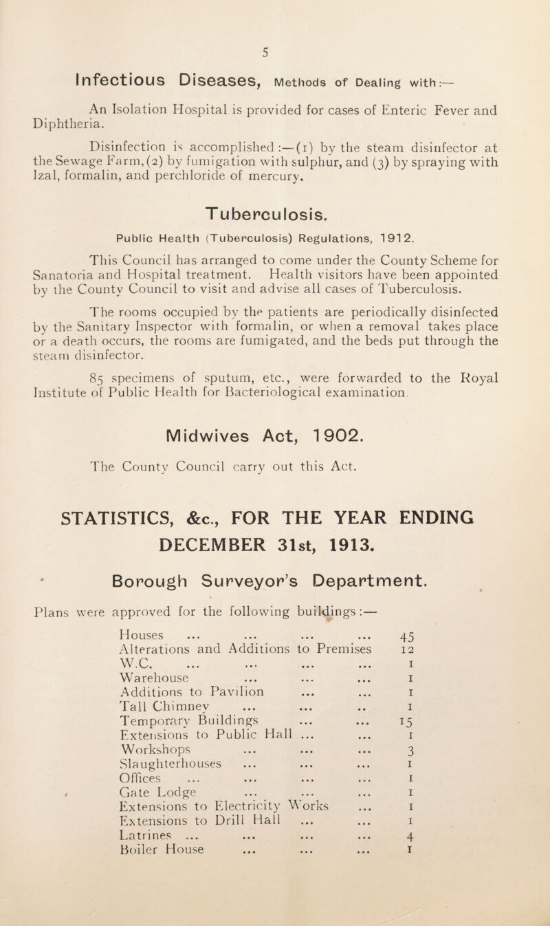 Infectious Diseases, Methods of Dealing with:— An Isolation Hospital is provided for cases of Enteric Fever and Diphtheria. Disinfection is accomplished:—(i) by the steam disinfector at the Sewage Farm, (2) by fumigation with sulphur, and (3) by spraying with Izal, formalin, and perchloride of mercury. T uberculosis. Public Health (Tuberculosis) Regulations, 1912. This Council has arranged to come under the County Scheme for Sanatoria and Hospital treatment. Health visitors have been appointed by the County Council to visit and advise all cases of Tuberculosis. The rooms occupied by the patients are periodically disinfected by the Sanitary Inspector with formalin, or when a removal takes place or a death occurs, the rooms are fumigated, and the beds put through the steam disinfector. 85 specimens of sputum, etc., were forwarded to the Royal Institute of Public Health for Bacteriological examination. Midwives Act, 1902. The County Council carry out this Act. STATISTICS, &c., FOR THE YEAR ENDING DECEMBER 31st, 1913. Borough Surveyor’s Department. Plans were approved for the following buildings :— Houses ... ... ... ... Alterations and Additions to Premises W.C. ... ... ... ... Warehouse Additions to Pavilion Tall Chimney Temporary Buildings Extensions to Public Hall ... Workshops Slaughterhouses O ffi ces ... ... ... ... Gate Lodge Extensions to Electricity Works Extensions to Drill Hall Latrines Boiler House 45 12 I I I I i5 i 3 i i i i i 4 i