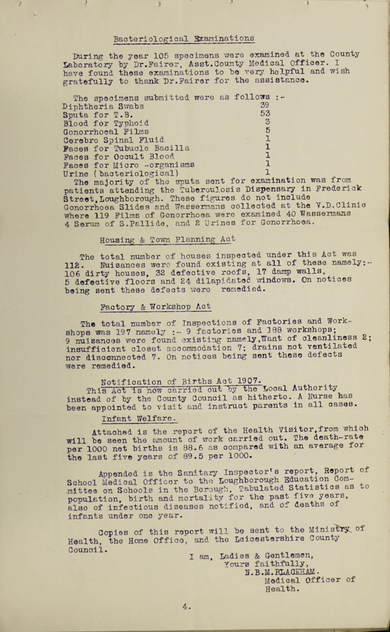 ■> Bacteriological Examinations During the year 105 specimens were examined at the County Laboratory by Dr.Fairer, Asst.County Medical Officer. I have found these examinations to be very helpful and wish gratefully to thank Dr.Fairer for the assistance. The specimens submitted were as follows Diphtheria Swabs 39 Sputa for T.B. 53 Blood for Typhoid 3 Gonorrhoeal Films 5 Cerebro Spinal Fluid 1 Faces for Tubucle Bacilla 1 Faces for Occult Blood 1 Faces for Micro -organisms 1 Urine ( bacteriological) 1 The majority of the sputa sent for examination was from patients attending the Tuberculosis Dispensary in Frederick StreettLoughborough. These figures do not include Gonorrhoea Slides and v7assermans collected at the V.D. Clinic where 119 Films of Gonorrhoea were examined 40 Wassermans 4 Serum of S.Pallide, and 2 Urines for Gonorrhoea. Housing & Town Planning Act The total number of houses inspected under this Act was HE. Nuisances were found existing at all of these namely:- 106 dirty houses, 32 defective roofs, 17 damp walls, 5 defective floors and 24 dilapidated windows. On notices being sent these defects were remedied. Factory & Workshop Act The total number of Inspections of Factories and Work¬ shops was 197 namely 9 factories and 188 workshops; 9 nuisances were found existing namely ,YTant of cleanliness 2; insufficient closet accommodation 7; drains not ventilated nor disconnected 7. On notices being sent these defects were remedied. Notification of Births Act 1907. This Act is now carried out by the Local Authority instead of by the County Council as hitherto. A Nurse has been appointed to visit and instruct parents in all oases. Infant Welfare. Attached is the report of the Health Visitor,from which will be seen the amount of work carried out. The death rate per 1000 net births is 88.6 as compared with an average for tho last five years of 89.5 per 1000. Aopended is the Sanitary Inspector^ report. Report of School Medical Officer to the Loughborough Education Com- mittee on Schools in the Borough, Tabulated Statistics as tc population, birth and mortality for the past five years, also of infectious diseases notified, and of deaths infants under one year. of Copies of this report will be sent to the Ministry-, of Health, the Home Office, and the Leicestershire County Council. I am. Ladies & Gentlemen, vours faithfully, N.B.M.BLAOEHAM. Medical Officer of Health.