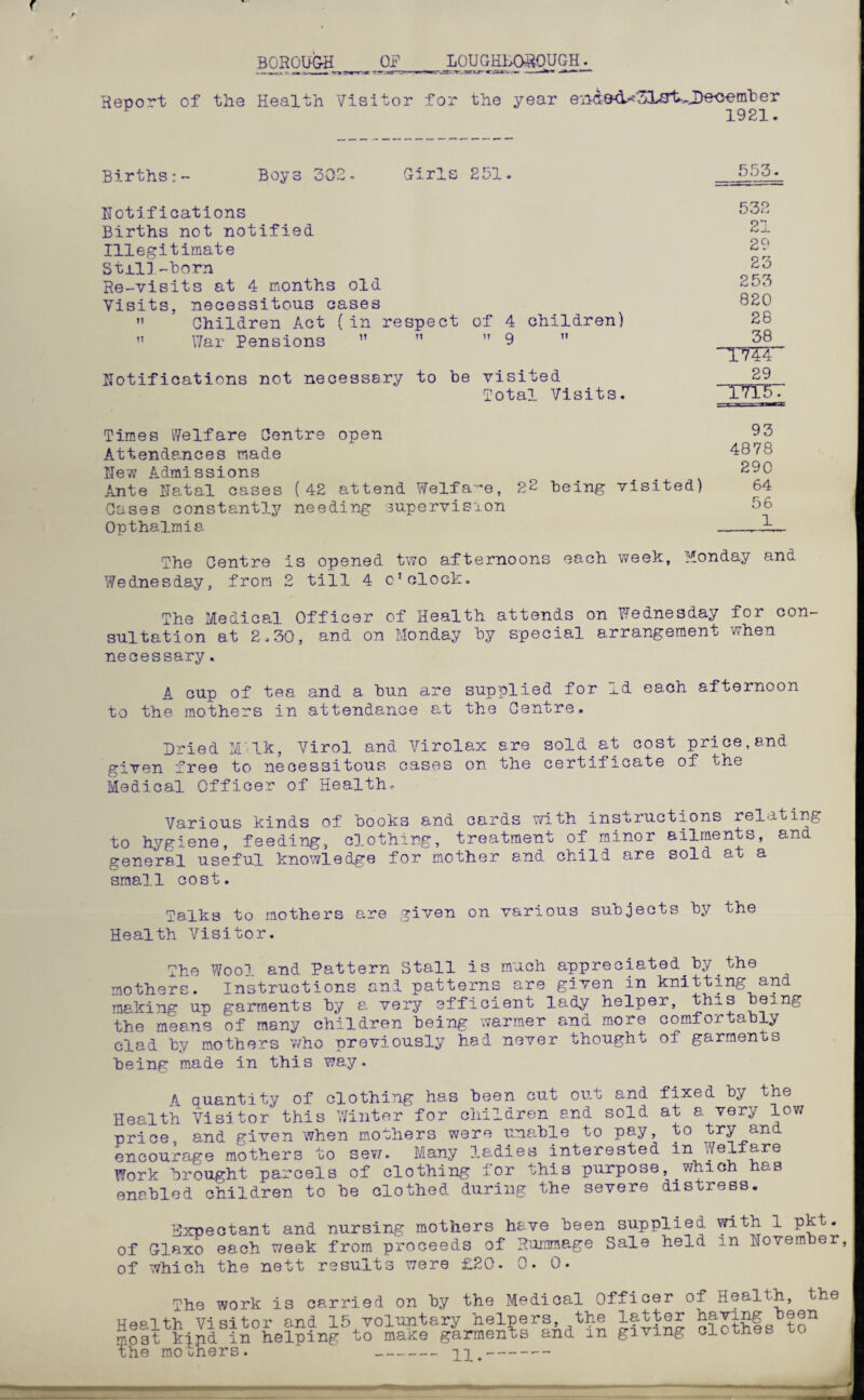 BOROUGH OF LOU GHBORQUGH^ Report of the Health Visitor for the year e^d&d.-'^L^-J>e,<>em'ber 1921. Births: - Boys o02. Girls 25_l» 553. notifications Births not notified Illegitimate Still-born Re-visits at 4 months old Visits, necessitous cases  Children Act (in respect of 4 children)  War Pensions  ”  9 11 notifications not necessary to be visited Total Visits. 532 21 29 23 253 820 28 38 TT54~ 29 T7T57 Times Welfare Centre open Attendances made Hew Admissions Ante Hatal cases (42 attend Welfare, 22 being visited) Cases constantly needing supervision Opthalmia 93 4878 290 64 56 1 The Centre is opened two afternoons each week, Monday and Wednesday, from 2 till 4 o’clock. The Medical Officer of Health attends on Wednesday for con¬ sultation at 2.30, and on Monday by special arrangement when necessary. A cup of tea and a bun are supplied for Id each afternoon to the mothers in attendance at the Centre. Dried M Ik, Virol and Virolax are sold at cost price,and given free to necessitous cases on the certificate of the Medical Officer of Health. Various kinds of books and cards with instructions relating to hygiene, feeding, clothing, treatment of minor ailments, and general useful knowledge for mother and child are sold at a small cost. Talks to mothers are given on various subjects by the Health Visitor. The Wool and Pattern Stall is much appreciated by the mothers. Instructions and patterns are given in knitting and making up garments by a very efficient lady helper, this the means of many children being warmer and more comfortably clad by mothers who previously had never thought of garments being made in this way. A quantity of clothing has been cut out and fixed by the Health Visitor this Winter for children end sold at a very low price and given when mothers were unable to pay, to try and encourage mothers to sew. Many ladies interested in Welfare Work brought parcels of clothing for this purpose, which has enabled children to be clothed during the severe distress. Expectant and nursing mothers have been supplied with 1 pk . of Glaxo each week from proceeds of Rummage Sale held in Hovem er, of which the nett results were £20. n 0 The work is carried on by the Medical Officer of Health, the Health Visitor and 15 voluntary helpers, the latter having been rjiost kj.nd in helping to maxe garments and m givi g clothes to the moth ers. 11.