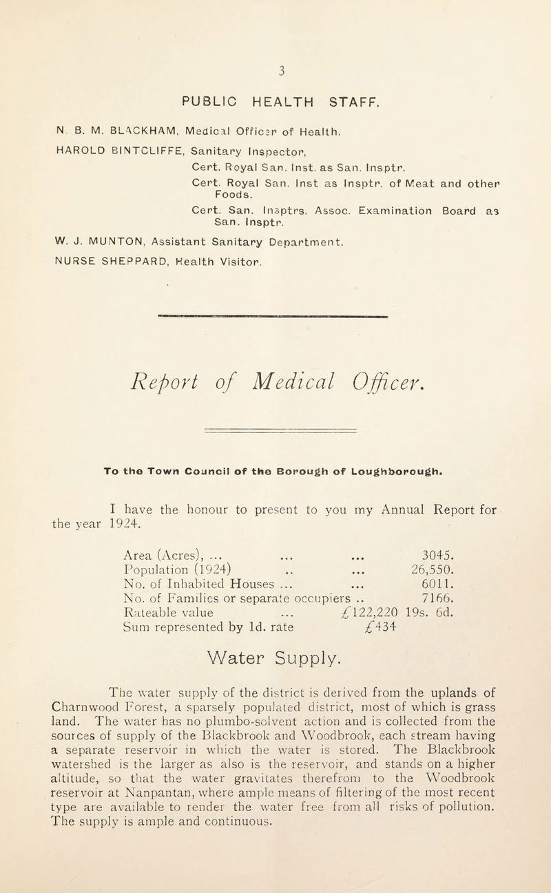 PUBLIC HEALTH STAFF. N B. M. BLACKHAM, Medical Officer of Health. HAROLD BINTCLIFFE, Sanitary Inspector, Cert. Royal San. Inst, as San. Insptr. Cert. Royal San. Inst as Insptr. of Meat and other Foods. Cert. San. Insptrs. Assoc. Examination Board as San. Insptr. W. J. MUNTON, Assistant Sanitary Department. NURSE SHEPPARD, Health Visitor. Report of Medical Officer. To the Town Council of the Borough of Loughborough. I have the honour to present to you my Annual Report for the year 1924. Area (Acres), ... ... ... 3045. Population (1924) .. ... 26,550. No. of Inhabited Houses ... ... 6011. No. of Families or separate occupiers .. 7166. Rateable value ... £ 122,220 19s. 6d. Sum represented by Id. rate ^434 Water Supply. The water supply of the district is derived from the uplands of Charnwood Forest, a sparsely populated district, most of which is grass land. The water has no plumbo-solvent action and is collected from the sources of supply of the Blackbrook and Woodbrook, each stream having a separate reservoir in which the water is stored. The Blackbrook watershed is the larger as also is the reservoir, and stands on a higher altitude, so that the water gravitates therefrom to the Woodbrook reservoir at Nanpantan, where ample means of filtering of the most recent type are available to render the water free from all risks of pollution. The supply is ample and continuous.