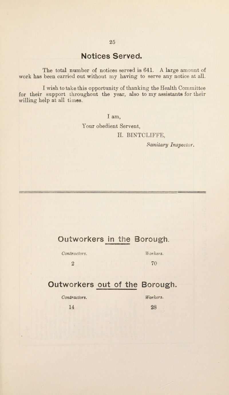 Notices Served. The total number of notices served is 641. A large amount of work has been carried out without my having to serve any notice at all. I wish to take this opportunity of thanking the Health Committee for their support throughout the year, also to my assistants for their willing help at all times. I am, Your obedient Servent, H. BINTCLIFFE, Sanitary Inspector. Outworkers in the Borough. Contractors. Workers. 2 70 Outworkers out of the Borough. I ■■ II II I I ■ ■ I I Mllll III Contractors. 14 Workers. 28