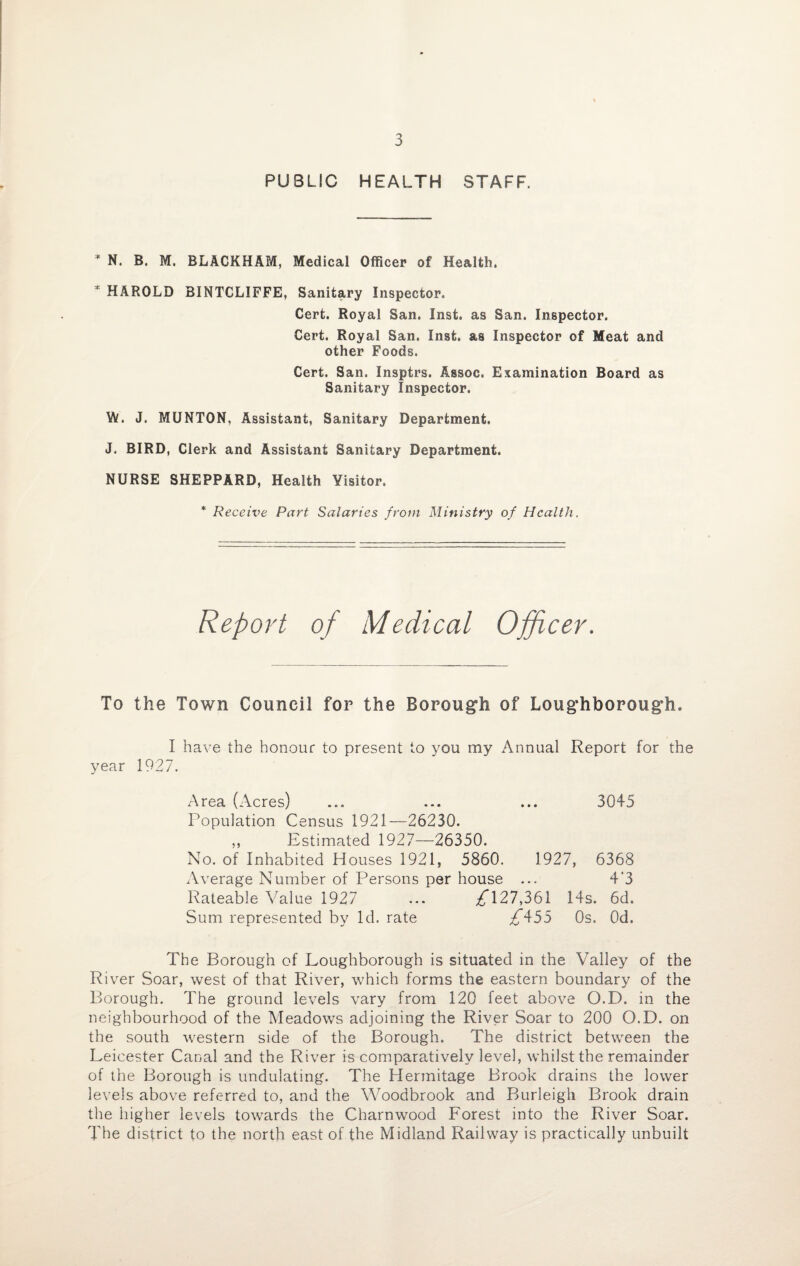 PUBLIC HEALTH STAFF. * N. B. M. BLACKHAM, Medical Officer of Health. HAROLD BINTCLIFFE, Sanitary Inspector. Cert. Royal San. Inst, as San. Inspector. Cert. Royal San. Inst, as Inspector of Meat and other Foods. Cert. San. Insptrs. Assoc. Examination Board as Sanitary Inspector. W. J. MUNTON. Assistant, Sanitary Department, J. BIRD, Clerk and Assistant Sanitary Department. NURSE SHEPPARD, Health Visitor. * Receix’e Part Salaries from Ministry of Health. Report of Medical Officer. To the Town Council for the Borough of Loughborough. I have the honour to present to you my Annual Report for the year 1927. Area (Acres) ... ... ... 3045 Population Census 1921—26230. ,, Estimated 1927—26350. No. of Inhabited Houses 1921, 5860. 1927, 6368 Average Number of Persons per house ... 4'3 Rateable Value 1927 ... ^*127,361 14s. 6d. Sum represented by Id. rate 55 Os. Od. The Borough of Loughborough is situated in the Valley of the River Soar, west of that River, which forms the eastern boundary of the Borough. The ground levels vary from 120 feet above O.D. in the neighbourhood of the Meadows adjoining the River Soar to 200 O.D. on the south western side of the Borough. The district between the Leicester Canal and the River is comparatively level, whilst the remainder of the Borough is undulating. The Hermitage Brook drains the lower levels above referred to, and the Woodbrook and Burleigh Brook drain the higher levels towards the Charnwood Forest into the River Soar. The district to the north east of the Midland Railway is practically unbuilt