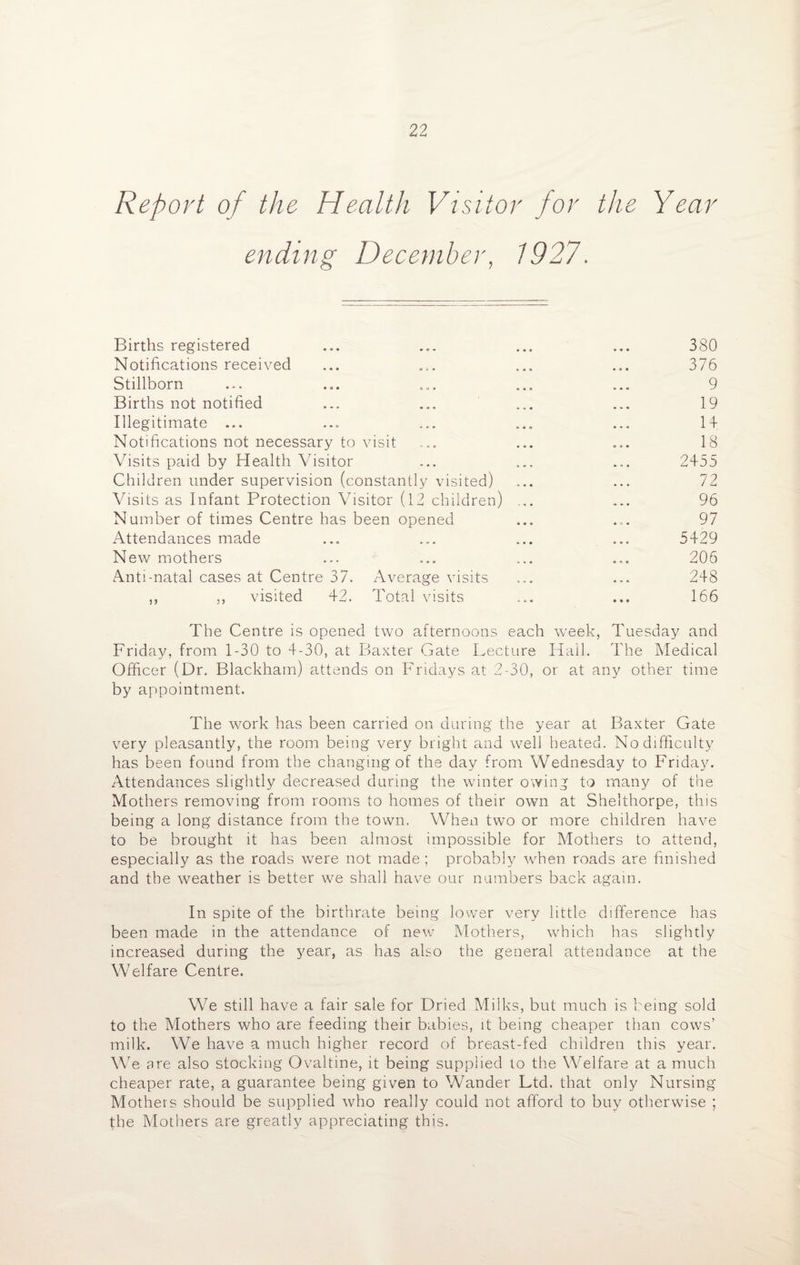 Report of the Health Visitor for the Year ending December, 1927. Births registered ... ... ... ... 380 Notifications received ... ... ... ... 376 Stillborn ... ... ... ... ... 9 Births not notified ... ... ... ... 19 Illegitimate ... ... ... ... ... 14- Notifications not necessary to visit ... ... ... 18 Visits paid by Health Visitor ... ... ... 2455 Children under supervision (constantly visited) ... ... 72 Visits as Infant Protection Visitor (12 children) ... ... 96 Number of times Centre has been opened ... ... 97 Attendances made ... ... ... ... 5429 New mothers ... ... ... ... 206 Anti-natal cases at Centre 37. Average visits ... ... 248 ,, visited 42. Total visits ... ... 166 The Centre is opened two afternoons each week, Tuesday and Friday, from 1-30 to 4-30, at Baxter Gate Lecture Hall. The Medical Officer (Dr. Blackham) attends on Fridays at 2-30, or at any other time by appointment. The work has been carried on during the year at Baxter Gate very pleasantly, the room being very bright and well heated. No difficulty has been found from the changing of the day from Wednesday to Friday. Attendances slightly decreased during the winter owing to many of the Mothers removing from rooms to homes of their own at Shelthorpe, this being a long distance from the town. When two or more children have to be brought it has been almost impossible for Mothers to attend, especially as the roads were not made ; probably when roads are finished and the weather is better we shall have our numbers back again. In spite of the birthrate being lower very little difference has been made in the attendance of new Mothers, which has slightly increased during the year, as has also the general attendance at the Welfare Centre. We still have a fair sale for Dried Milks, but much is being sold to the Mothers who are feeding their babies, it being cheaper than cows’ milk. We have a much higher record of breast-fed children this year. We are also stocking Ovaltine, it being supplied to the Welfare at a much cheaper rate, a guarantee being given to Wander Ltd. that only Nursing Mothers should be supplied who really could not afford to buy otherwise ; the Mothers are greatly appreciating this.