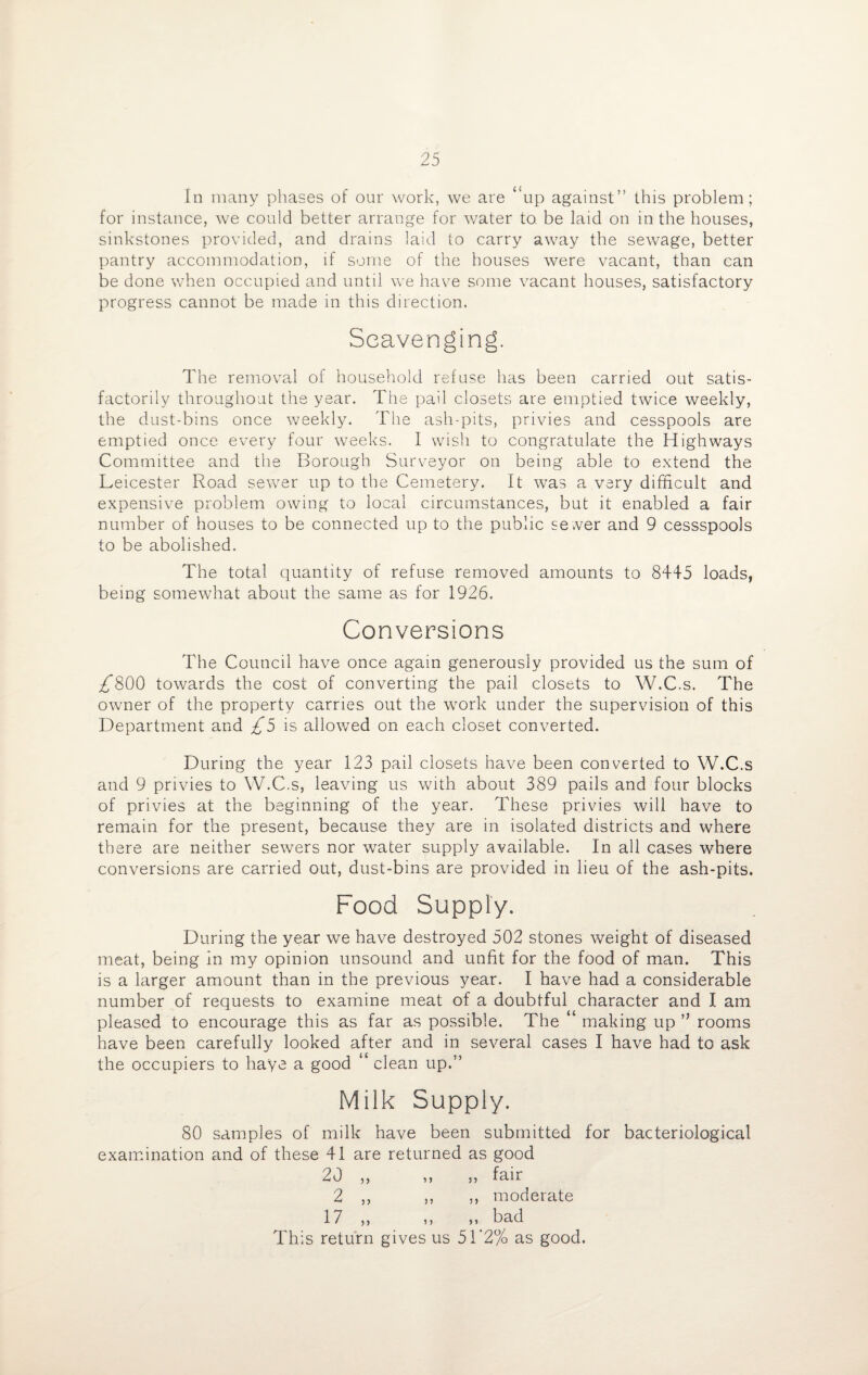 In many phases of our work, we are “up against” this problem; for instance, we could better arrange for water to. be laid on in the houses, sinkstones provided, and drains laid to carry away the sewage, better pantry accommodation, if some of the houses were vacant, than can be done when occupied and until we have some vacant houses, satisfactory progress cannot be made in this direction. Scavenging. The removal of household refuse has been carried out satis¬ factorily throughout the year. The pail closets are emptied twice weekly, the dust-bins once weekly. The ash-pits, privies and cesspools are emptied once every four weeks. I wish to congratulate the Highways Committee and the Borough Surveyor on being able to extend the Leicester Road sewer up to the Cemetery. It was a very difficult and expensive problem owing to local circumstances, but it enabled a fair number of houses to be connected up to the public sewer and 9 cessspools to be abolished. The total quantity of refuse removed amounts to 8445 loads, being somewhat about the same as for 1926. Conversions The Council have once again generously provided us the sum of £800 towards the cost of converting the pail closets to W.C.s. The owner of the property carries out the work under the supervision of this Department and £5 is allowed on each closet converted. During the year 123 pail closets have been converted to W.C.s and 9 privies to W.C.s, leaving us with about 389 pails and four blocks of privies at the beginning of the year. These privies will have to remain for the present, because they are in isolated districts and where there are neither sewers nor water supply available. In all cases where conversions are carried out, dust-bins are provided in lieu of the ash-pits. Food Supply. During the year we have destroyed 502 stones weight of diseased meat, being in my opinion unsound and unfit for the food of man. This is a larger amount than in the previous year. I have had a considerable number of requests to examine meat of a doubtful character and I am pleased to encourage this as far as possible. The “ making up ” rooms have been carefully looked after and in several cases I have had to ask the occupiers to haye a good “ clean up.” Milk Supply. 80 samples of milk have been submitted for bacteriological examination and of these 41 are returned as good 20 „ ,, „ fair 2 ,, ,, ,, moderate 17 ,, ,, ,, bad This return gives us 51*2% as good.