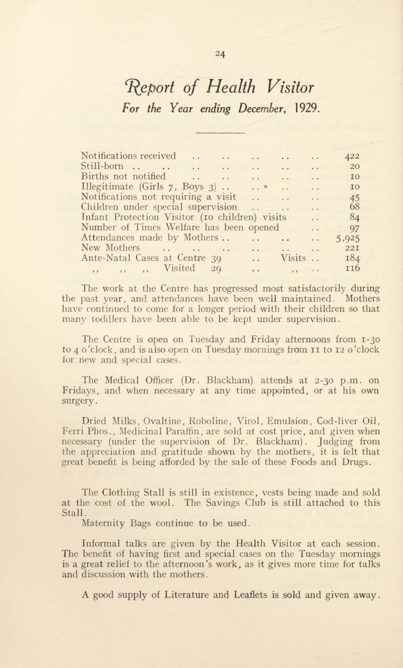 Report of Health Visitor For the Year ending December, 1929. Notifications received . . . . . . . . . . 422 Still-born .. .. . . . . . . . . . . 20 Births not notified . . . . . . . . . . 10 Illegitimate (Girls 7, Boys 3) . . • .. .. 10 Notifications not requiring a visit . . . . . . 45 Children under special supervision . . . . . . 68 Infant Protection Visitor (10 children) visits . . 84 Number of Times Welfare has been opened . . 97 Attendances made by Mothers . . . . .. . . 5,925 New Mothers . . . . . . . . . . . . 221 Ante-Natal Cases at Centre 39 . . Visits . . 184 ,, ,, ,, Visited 29 .. ,, 116 The work at the Centre has progressed most satisfactorily during the past year, and attendances have been well maintained. Mothers have continued to come for a longer period with their children so that many toddlers have been able to be kept under supervision. The Centre is open on Tuesday and Friday afternoons from 1-30 to 4 o’clock, and is also open on Tuesday mornings from 11 to 12 o’clock for new and special cases. The Medical Officer (Dr. Blackham) attends at 2-30 p.m. on Fridays, and when necessary at any time appointed, or at his own surgery. Dried Milks, Ovaltine, Roboline, Virol, Emulsion, Cod-liver Oil, Ferri Phos., Medicinal Paraffin, are sold at cost price, and given when necessary (under the supervision of Dr. Blackham). Judging from the appreciation and gratitude shown by the mothers, it is felt that great benefit is being afforded by the sale of these Foods and Drugs. The Clothing Stall is still in existence, vests being made and sold at the cost of the wool. The Savings Club is still attached to this Stall. Maternity Bags continue to be used. Informal talks are given by the Health Visitor at each session. The benefit of having first and special cases on the Tuesday mornings is a great relief to the afternoon’s work, as it gives more time for talks and discussion with the mothers. A good supply of Literature and Leaflets is sold and given away.