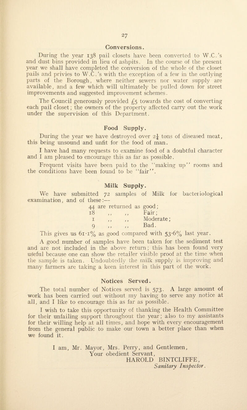 Conversions. During the year 138 pail closets have been converted to W.C.’s and dust bins provided in lieu of ashpits. In the course of the present year we shall have completed the conversion of the whole of the closet pails and privies to W.C.’s with the exception of a few in the outlying parts of the Borough, where neither sewers nor water supply are available, and a few which will ultimately be pulled down for street improvements and suggested improvement schemes. The Council generously provided £5 towards the cost of converting each pail closet; the owners of the property affected carry out the work under the supervision of this Department. Food Supply, During the year we have destroyed over 2\ tons of diseased meat, this being unsound and unfit for the food of man. I have had many requests to examine food of a doubtful character and I am pleased to encourage this as far as possible. Frequent visits have been paid to the making up” rooms and the conditions have been found to be fair”. Milk Supply. We have submitted 72 samples of Milk for bacteriological examination, and of these:— 44 are returned as good; 18 ,, ,, Fair; 1 ,, ,, Moderate; 9 ,, ,, Bad. This gives us 6i*i% as good compared with 53-6% last year. A good number of samples have been taken for the sediment test and are not included in the above return; this has been found very useful because one can show the retailer visible proof at the time when the sample is taken. Undoubtedly the milk supply is improving and many farmers are taking a keen interest in this part of the work. Notices Served. The total number of Notices served is 573. A large amount of work has been carried out without my having to serve any notice at all, and I like to encourage this as far as possible. I wish to take this opportunity of thanking the Health Committee for their unfailing support throughout the year; also to my assistants for their willing help at all times, and hope with every encouragement from the general public to make our town a better place than when we found it. I am, Mr. Mayor, Mrs. Perry, and Gentlemen, Your obedient Servant, HAROLD BINTCLIFFE, Sanitary Inspector.