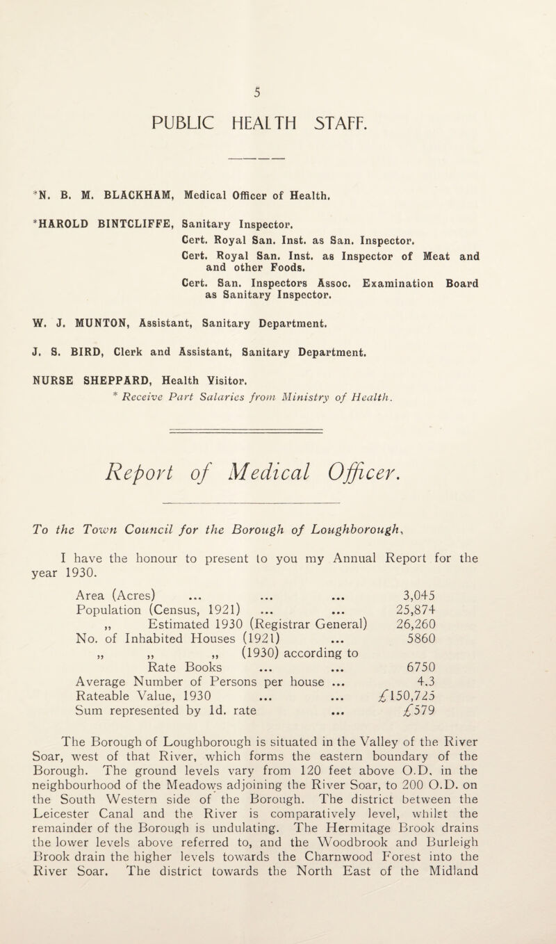 PUBLIC HEALTH 5TAFF. *N. B. M. BLACKHAM, Medical Officer of Health. *HAROLD BINTCLIFFE, Sanitary Inspector. Cert. Royal San. Inst, as San. Inspector. Cert. Royal San. Inst, as Inspector of Meat and and other Foods. Cert. San. Inspectors Assoc. Examination Board as Sanitary Inspector. W. J. MUNTON, Assistant, Sanitary Department. J. S. BIRD, Clerk and Assistant, Sanitary Department. NURSE SHEPPARD, Health Visitor. * Receive Part Salaries from Ministry of Health. Report of Medical Officer. To the Town Council for the Borough of Loughborough, I have the honour to present to you my Annual Report for the year 1930. Area (Acres) ... ... ... 3,045 Population (Census, 1921) ... ... 25,874 „ Estimated 1930 (Registrar General) 26,260 No. of Inhabited Houses (1921) ... 5860 „ ,, ,, (1930) according to Rate Books ... ... 6750 Average Number of Persons per house ... 4,3 Rateable Value, 1930 ... ... ^*150,725 Sum represented by Id. rate ... ^*579 The Borough of Loughborough is situated in the Valley of the River Soar, west of that River, which forms the eastern boundary of the Borough. The ground levels vary from 120 feet above O.D, in the neighbourhood of the Meadows adjoining the River Soar, to 200 O.D. on the South Western side of the Borough. The district between the Leicester Canal and the River is comparatively level, whilst the remainder of the Borough is undulating. The Hermitage Brook drains the lower levels above referred to, and the Woodbrook and Burleigh Brook drain the higher levels towards the Charnwood Forest into the River Soar. The district towards the North East of the Midland