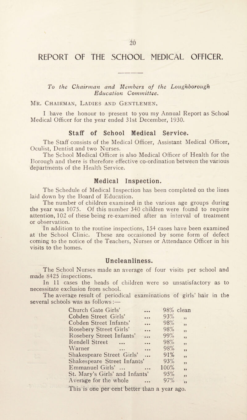 REPORT OF THE SCHOOL MEDICAL OFFICER. To the Chairman and Members of the Loughborough Education Committee, Mr. Chairman, Ladies and Gentlemen, I have the honour to present to you my Annual Report as School Medical Officer for the year ended 31st December, 1930. Staff of School Medical Service. The Staff consists of the Medical Officer, Assistant Medical Officer, Oculist, Dentist and two Nurses. The School Medical Officer is also Medical Officer of Health for the Borough and there is therefore effective co-ordination between the various departments of the Health Service. Medical Inspection. The Schedule of Medical Inspection has been completed on the lines laid down by the Board of Education. The number of children examined in the various age groups during the year was 1075. Of this number 340 children were found to require attention, 102 of these being re-examined after an interval of treatment or observation. In addition to the routine inspections, 154 cases have been examined at the School Clinic. These are occasioned by some form of defect coming to the notice of the Teachers, Nurses or Attendance Officer in his visits to the homes. Uncleanliness. The School Nurses made an average of four visits per school and made 8425 inspections. In 11 cases the heads of children were so unsatisfactory as to necessitate exclusion from school. The average result of periodical examinations of girls’ hair in the several schools was as follows :— Church Gate Girls’ 98% clean Cobden Street Girls’ 93% >» Cobden Street Infants’ 98% >> Rosebery Street Girls’ 98% >> Rosebery Street Infants’ 99% >> Rendell Street 98% Warner 98% >> Shakespeare Street Girls’ 91% >> Shakespeare Street Infants’ 93% Emmanuel Girls’ ... 100% >> St. Mary’s Girls’ and Infants’ 95% Average for the whole 97% >> This is one per cent better than a year ago.