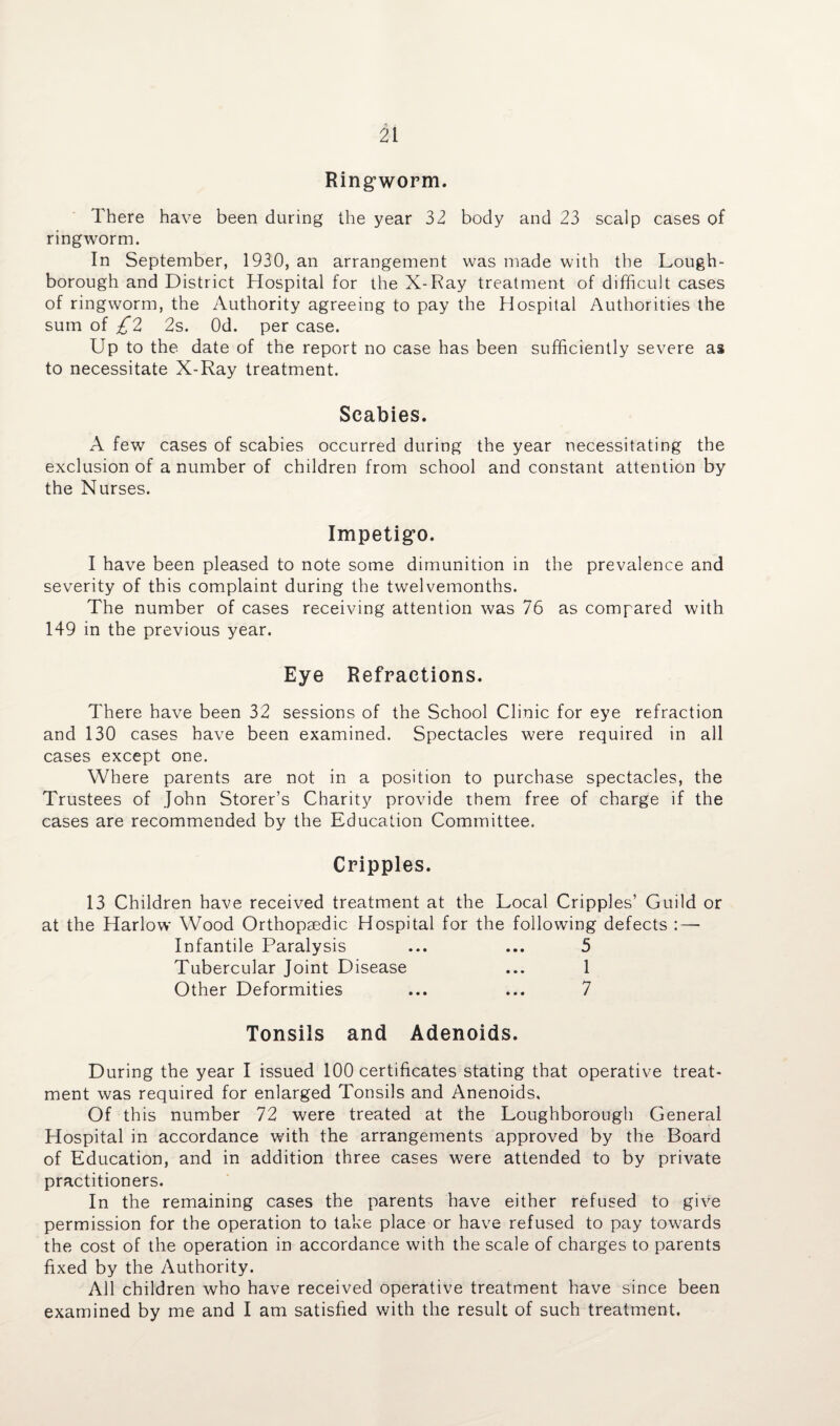 Ringworm. There have been during the year 32 body and 23 scalp cases of ringworm. In September, 1930, an arrangement was made with the Lough¬ borough and District Hospital for the X-Ray treatment of difficult cases of ringworm, the Authority agreeing to pay the Hospital Authorities the sum of £2 2s. Od. per case. Up to the date of the report no case has been sufficiently severe as to necessitate X-Ray treatment. Scabies. A few cases of scabies occurred during the year necessitating the exclusion of a number of children from school and constant attention by the Nurses. Impetigo. I have been pleased to note some dimunition in the prevalence and severity of this complaint during the twelvemonths. The number of cases receiving attention was 76 as compared with 149 in the previous year. Eye Refractions. There have been 32 sessions of the School Clinic for eye refraction and 130 cases have been examined. Spectacles were required in all cases except one. Where parents are not in a position to purchase spectacles, the Trustees of John Storer’s Charity provide them free of charge if the cases are recommended by the Education Committee. Cripples. 13 Children have received treatment at the Local Cripples’ Guild or at the Harlow Wood Orthopaedic Hospital for the following defects : — Infantile Paralysis ... ... 5 Tubercular Joint Disease ... 1 Other Deformities ... ... 7 Tonsils and Adenoids. During the year I issued 100 certificates stating that operative treat¬ ment was required for enlarged Tonsils and Anenoids, Of this number 72 were treated at the Loughborough General Hospital in accordance with the arrangements approved by the Board of Education, and in addition three cases were attended to by private practitioners. In the remaining cases the parents have either refused to give permission for the operation to take place or have refused to pay towards the cost of the operation in accordance with the scale of charges to parents fixed by the Authority. All children who have received operative treatment have since been examined by me and I am satisfied with the result of such treatment.