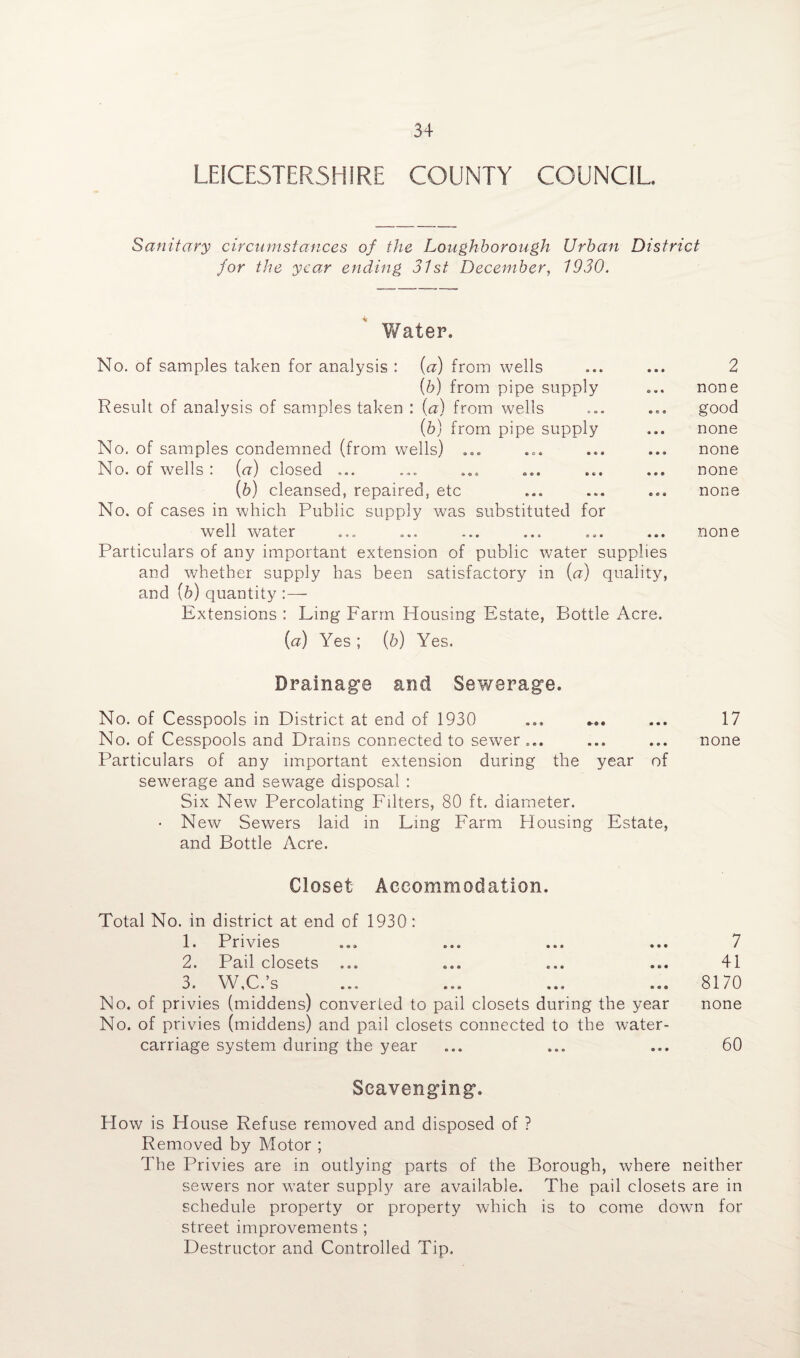 3+ LEICESTERSHIRE COUNTY COUNCIL Sanitary circumstances of the Loughborough Urban District for the year ending 31st December, 1930. Water. No. of samples taken for analysis : {a) from wells [b) from pipe supply Result of analysis of samples taken : (a) from wells (6) from pipe supply No. of samples condemned (from wells) ... No. of wells : {a) closed ... (6) cleansed, repaired, etc No. of cases in which Public supply was substituted for well water Particulars of any important extension of public water supplies and whether supply has been satisfactory in (a) quality, and (b) quantity Extensions : Ling Farm Housing Estate, Bottle Acre. {a) Yes ; (b) Yes. 2 non e good none none none none none Drainage and Sewerage. No. of Cesspools in District at end of 1930 ... ... ... 17 No. of Cesspools and Drains connected to sewTer ... ... ... none Particulars of any important extension during the year of sewerage and sewage disposal : Six New Percolating Filters, 80 ft. diameter. • New Sewers laid in Ling Farm Housing Estate, and Bottle Acre. Closet Accommodation. Total No. in district at end of 1930 : 1. Privies ... ... ... ... 7 2. Pail closets ... ... ... ... 41 3. W,C.’s ... ... ... ... 8170 No. of privies (middens) converted to pail closets during the year none No. of privies (middens) and pail closets connected to the water- carriage system during the year ... ... ... 60 Scavenging. How is House Refuse removed and disposed of ? Removed by Motor ; The Privies are in outlying parts of the Borough, where neither sewers nor water supply are available. The pail closets are in schedule property or property which is to come down for street improvements ; Destructor and Controlled Tip.