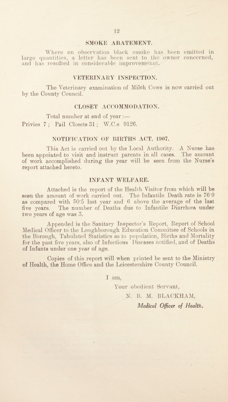 SMOKE ABATEMENT. Where on observation black smoke lias been emitted in large quantities, a letter has been sent to the owner concerned, and has resulted in considerable improvemennt-. VETERINARY INSPECTION. The Veterinary examination of Milch Cows is now carried out by the County Council. CLOSET ACCOMMODATION. Total number at end of year :— Privies 7 ; Pail Closets 31 ; W.C.s 9126. NOTIFICATION OF BIRTHS ACT, 1907. This Act is carried out by the Local Authority. A Nurse has been appointed to visit and instruct parents in all cases. The amount of work accomplished during the year will be seen from the Nurse’s report attached hereto. INFANT WELFARE. Attached is the report of the Health Visitor from which will be seen the amount of work carried out. The Infantile Death rate is 76*9 as compared with 50'5 last year and 6 above the average of the last five years. The number of Deaths due to Infantile Diarrhoea under two years of age was 3. Appended is the Sanitary Inspector’s Report, Report of School Medical Officer to the Loughborough Education Committee of Schools in the Borough, Tabulated Statistics as to population, Births and Mortality for the past five years, also of Infectious Diseases notified, and of Deaths of Infants under one year of age. Copies of this report will when printed be sent to the Ministry of Health, the Home Office and the Leicestershire County Council. I am, Your obedient Servant, N. B. M. BLACKHAM, Medical Officer of Health.