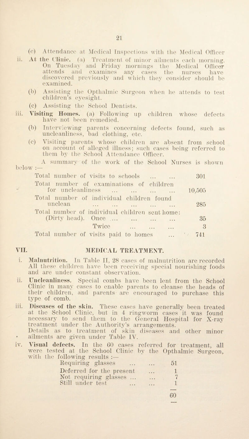 ii. in. (c) At Attendance at Medical Inspections with the Medical Officer Hie Clinic, (a) Treatment of minor ailments each morning. On Tuesday and Friday mornings the Medical Officer attends and examines any cases the nurses have discovered previously and which they consider should be examined. (b) Assisting the Optlialmic Surgeon when he attends to test children’s eyesight. (c) Assisting the School Dentists. Visiting Homes, (a) Following up children whose defects have not been remedied. (b) Interviewing parents concerning defects found, such as uncleanliness, bad clothing, etc. (c) Visiting parents whose children are absent from school on account of alleged illness; such cases being referred to them by tlie School Attendance Officer. A summary of the work of the School Nurses is shown below :— Total number of visits to schools . 301 Total number of examinations of children for uncleanliness ... ... ... ... 10,505 Total number of individual children found unclean . 285 Total number of individual children sent home: (Dirty head). Once. 35 Twice . 3 Total number of visits paid to homes ... ' 741 VII. MEDICAL TREATMENT. i. Malnutrition. In Table II, 28 cases of malnutrition are recorded All these children have been receiving special nourishing foods and are under constant observation. ii. Uncleanliness. Special combs have been lent from the School Clinic in many cases to enable parents to cleanse the heads of their children, and parents are encouraged to purchase this type of comb. iii. Diseases of the skin. These cases have generally been treated at the School Clinic, but in 4 ringworm cases it was found necessary to send them to the General Hospital for X-ray treatment under the Authority’s arrangements. Details as to treatment of skin diseases and other minor • ailments are given under Table IV. iv. Visual defects. In the 60 cases referred for treatment, all were tested at the School Clinic by the Opthalmic Surgeon, with the following results Requiring glasses ... ... 51 Deferred for the present ... 1 Not requiring glasses ... ... 7 Still under test ... ... 1 60
