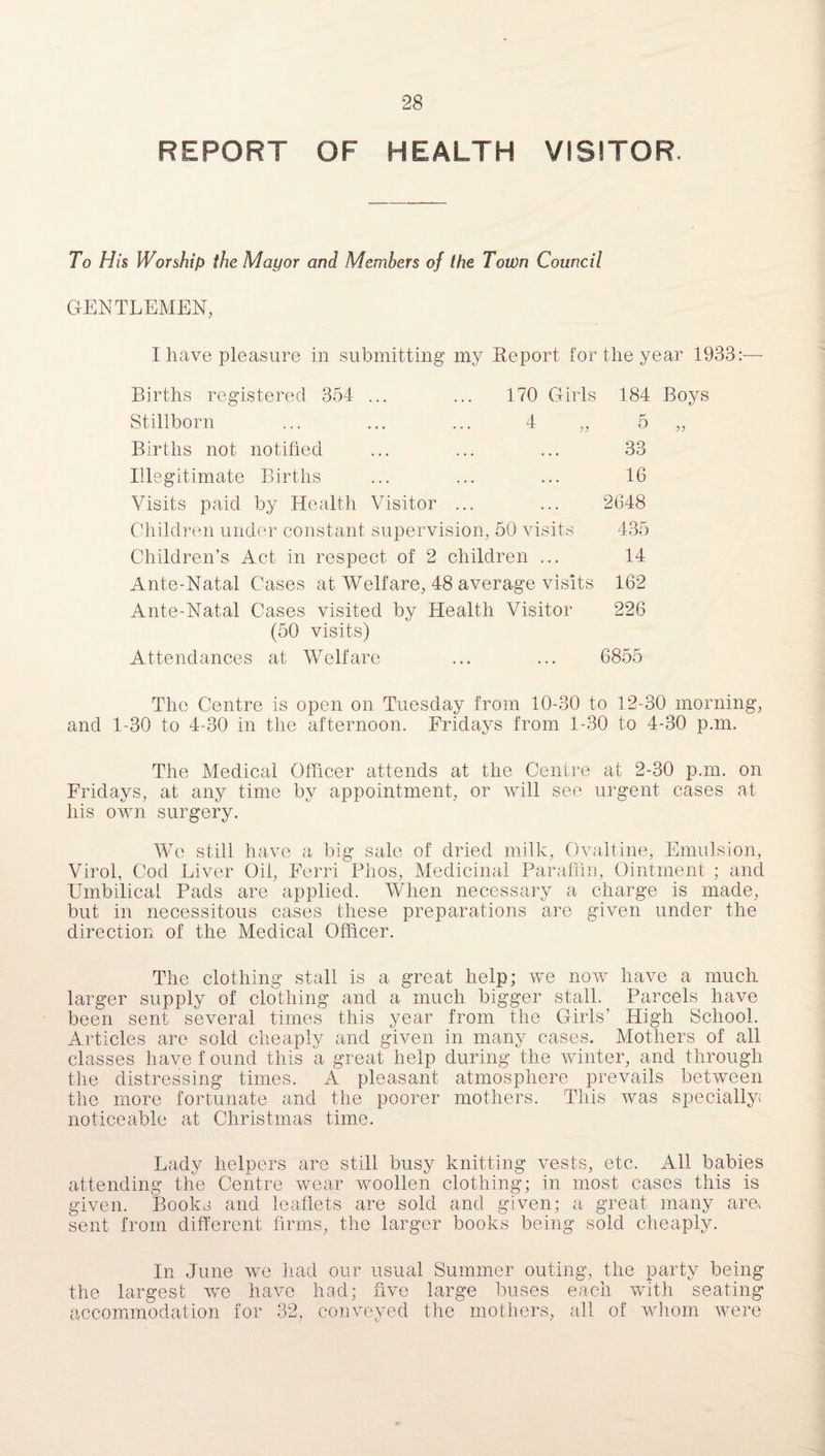 REPORT OF HEALTH VISITOR. To His Worship the Mayor and Members of the Town Council GENTLEMEN, I have pleasure in submitting my Report for the year 1933:— Births registered 354 ... ... 170 Girls Stillborn ... ... ... 4 „ Births not notified Illegitimate Births Visits paid by Health Visitor ... Children under constant supervision, 50 visits Children’s Act in respect of 2 children ... Ante-Natal Cases at Welfare, 48 average visits Ante-Natal Cases visited by Health Visitor (50 visits) Attendances at Welfare 184 Boys 5 „ 33 16 2648 435 14 162 226 6855 The Centre is open on Tuesday from 10-30 to 12-30 morning, and 1-30 to 4-30 in the afternoon. Fridays from 1-30 to 4-30 p.m. The Medical Officer attends at the Centre at 2-30 p.m. on Fridays, at any time by appointment, or will see urgent cases at his own surgery. We still have a big sale of dried milk, Ovaltine, Emulsion, Virol, Cod Liver Oil, Ferri Fhos, Medicinal Paraffin, Ointment ; and Umbilical Pads are applied. When necessary a charge is made, but in necessitous cases these preparations are given under the direction of the Medical Officer. The clothing stall is a great help; we now have a much larger supply of clothing and a much bigger stall. Parcels have been sent several times this year from the Girls' High School. Articles are sold cheaply and given in many cases. Mothers of all classes have f ound this a great help during the winter, and through the distressing times. A pleasant atmosphere prevails between the more fortunate and the poorer mothers. This was specially; noticeable at Christmas time. Lady helpers are still busy knitting vests, etc. All babies attending the Centre wear woollen clothing; in most cases this is given. Books and leaflets are sold and given; a great many am sent from different firms, the larger books being sold cheaply. In June we had our usual Summer outing, the party being the largest we have had; five large buses each with seating accommodation for 32, conveyed the mothers, all of whom were